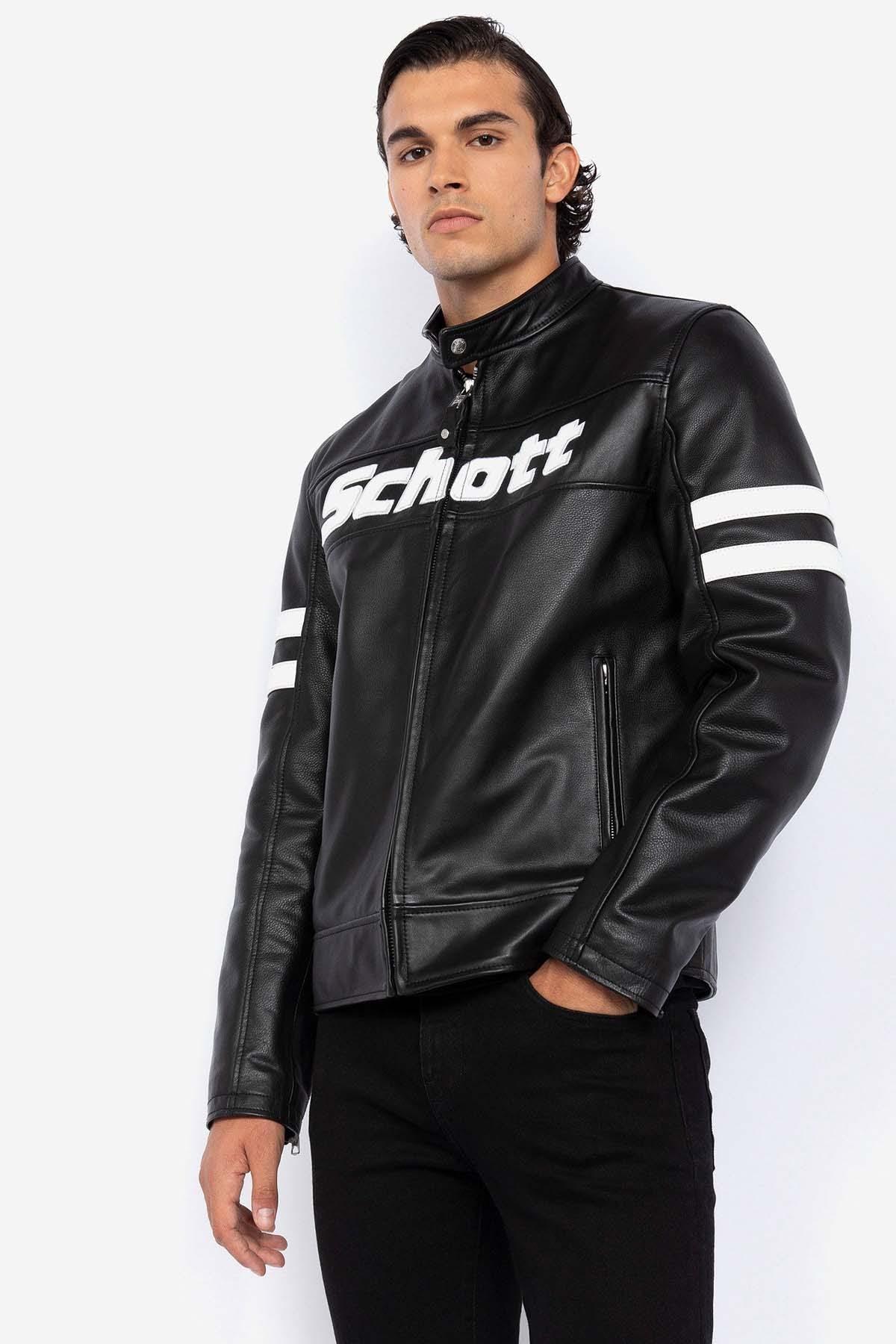 Leather jacket with biker collar and logo leather inserts - Image n°1