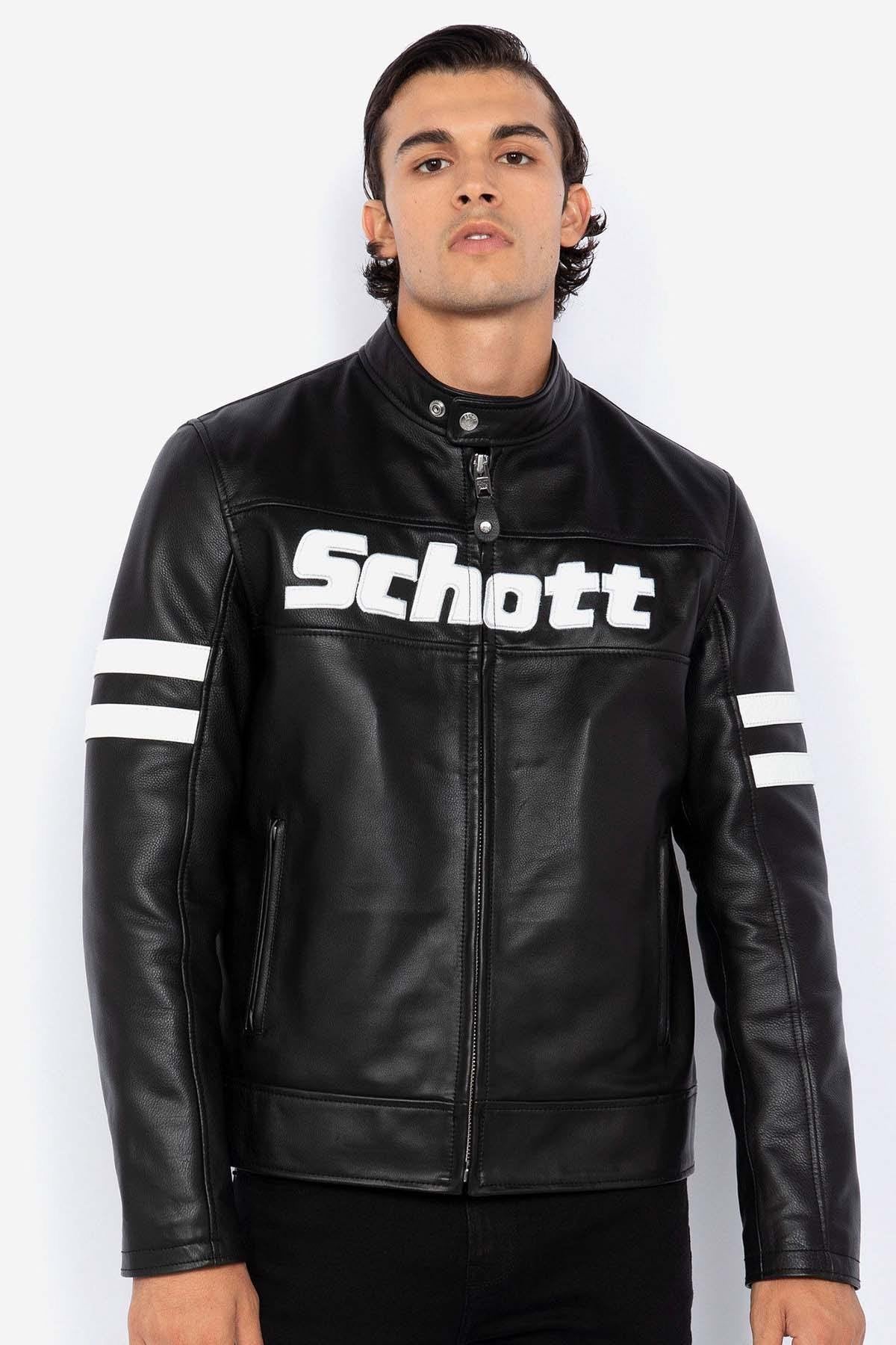 Leather jacket with biker collar and logo leather inserts - Image n°4