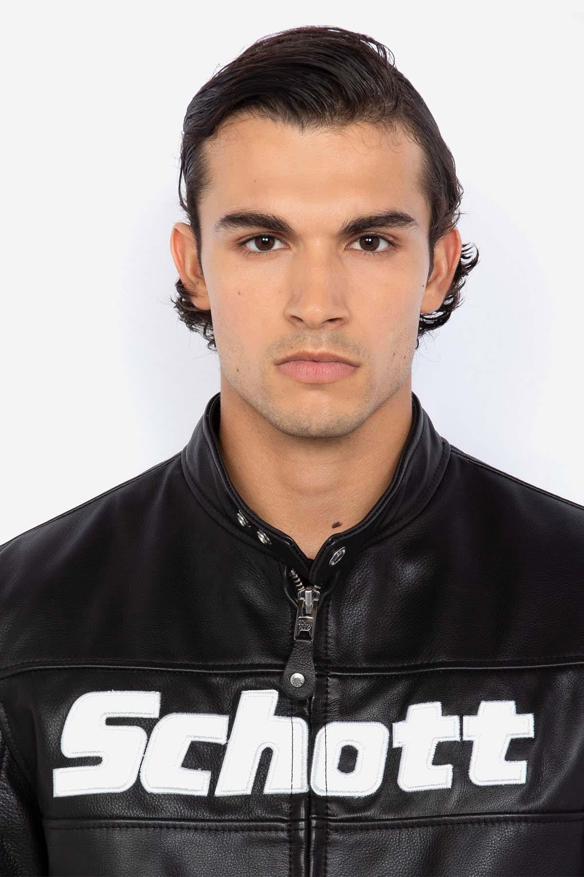 Leather jacket with biker collar and logo leather inserts - Image n°3