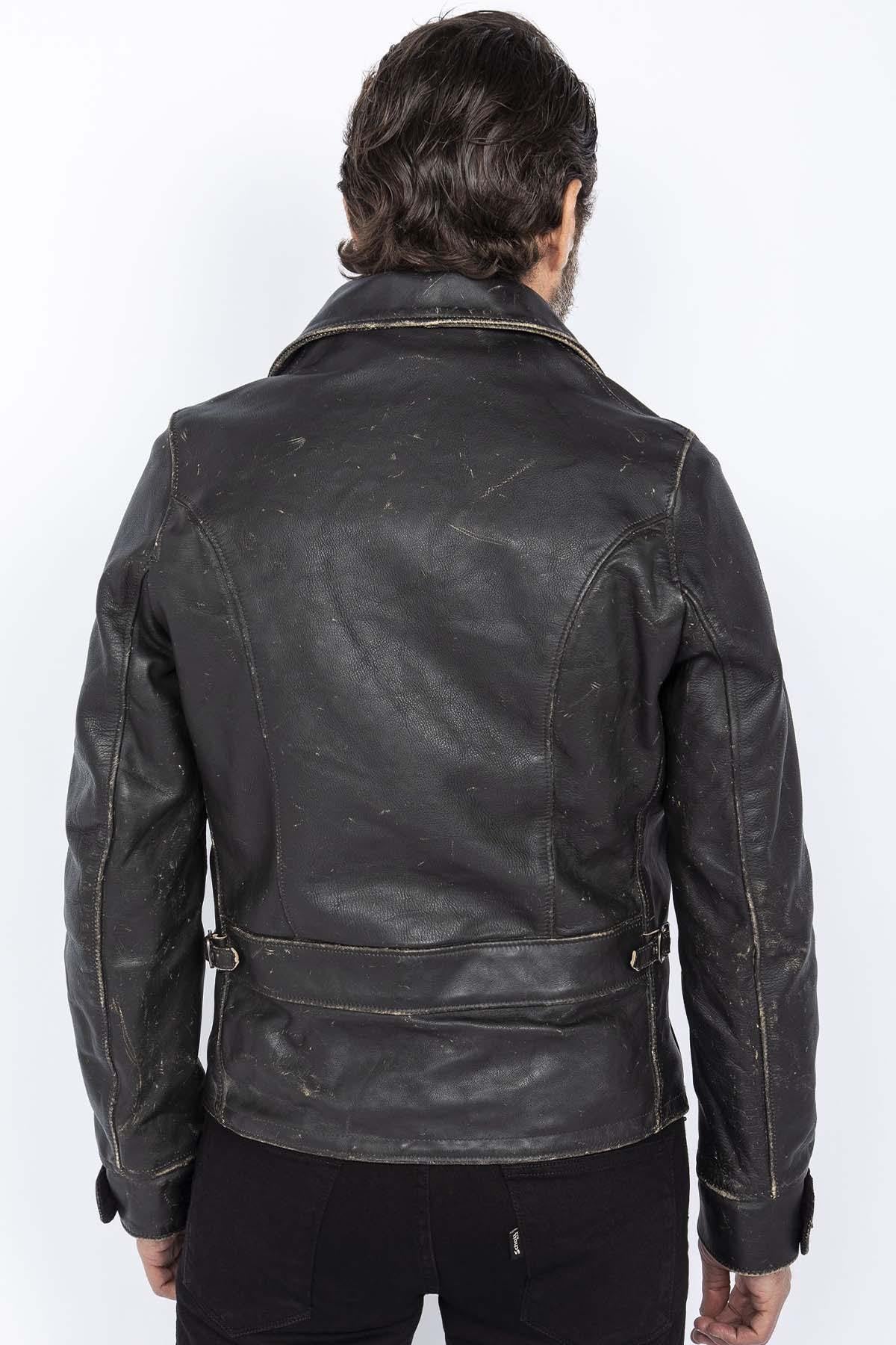 Vintage-effect black leather perfecto for men - Image n°4