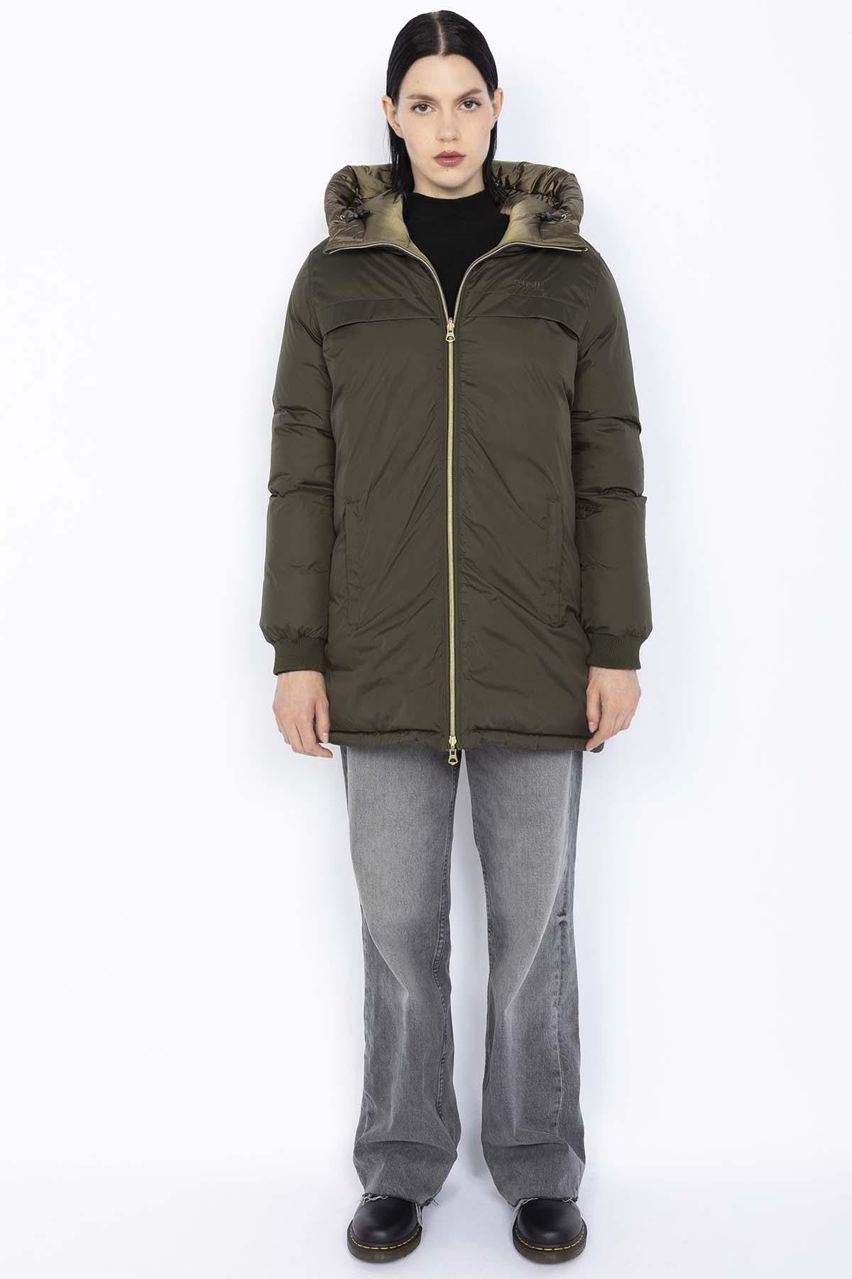 Reversible khaki and bronze nylon down jacket - Image n°3