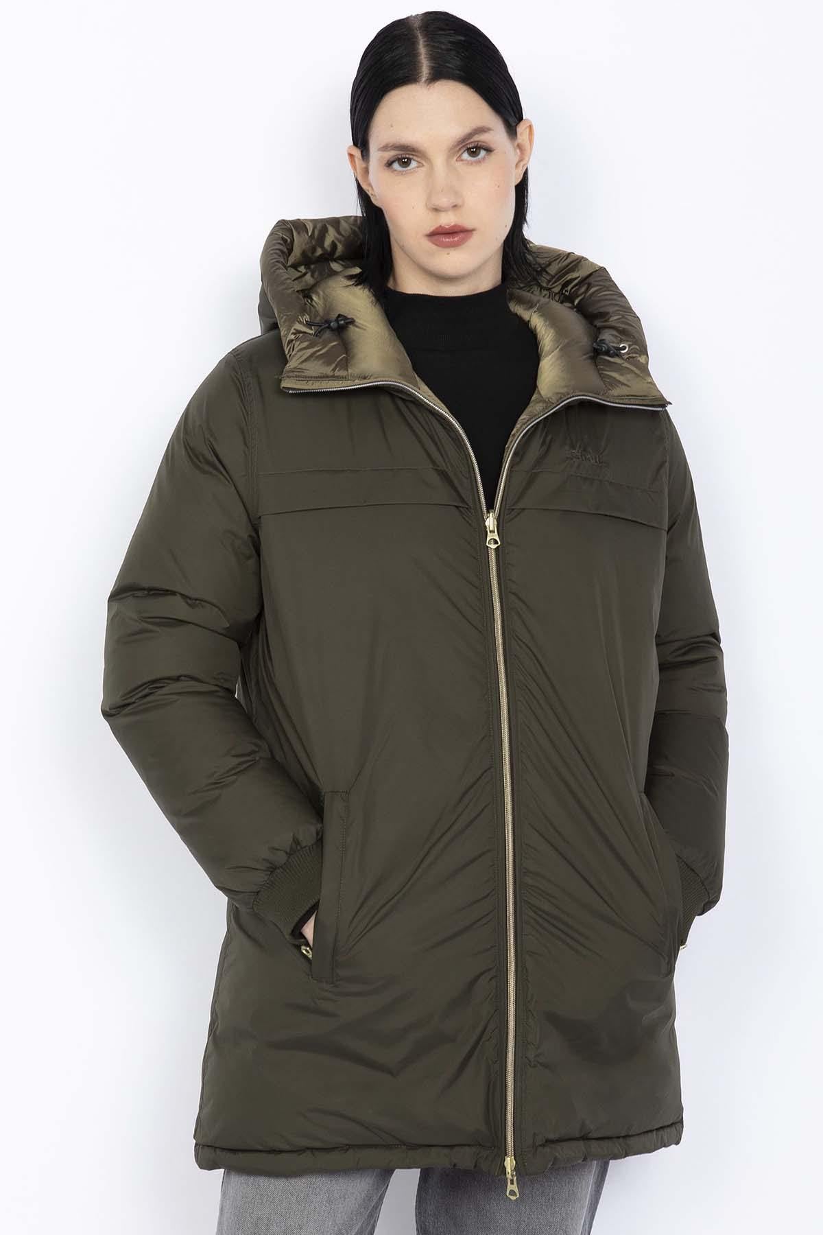 Reversible khaki and bronze nylon down jacket - Image n°1