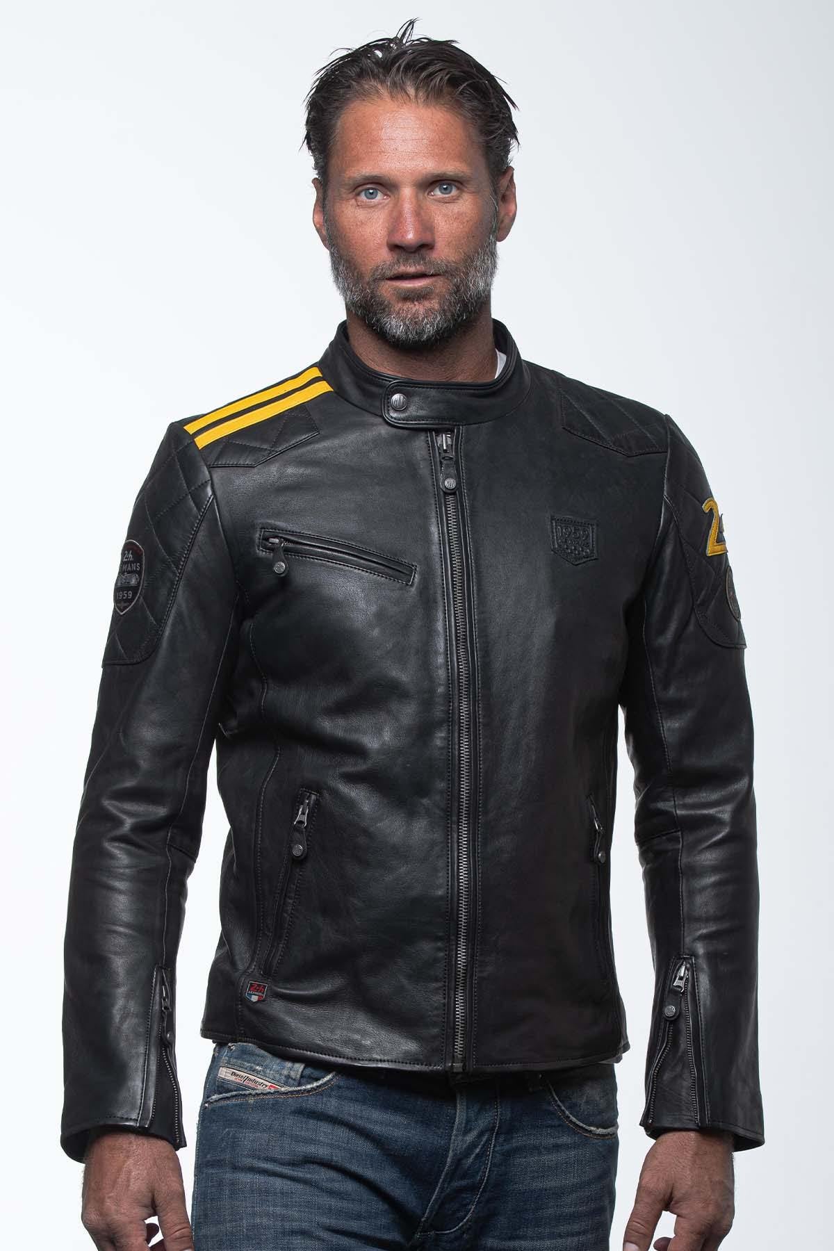 Men's black and yellow leather jacket with biker collar - Image n°5