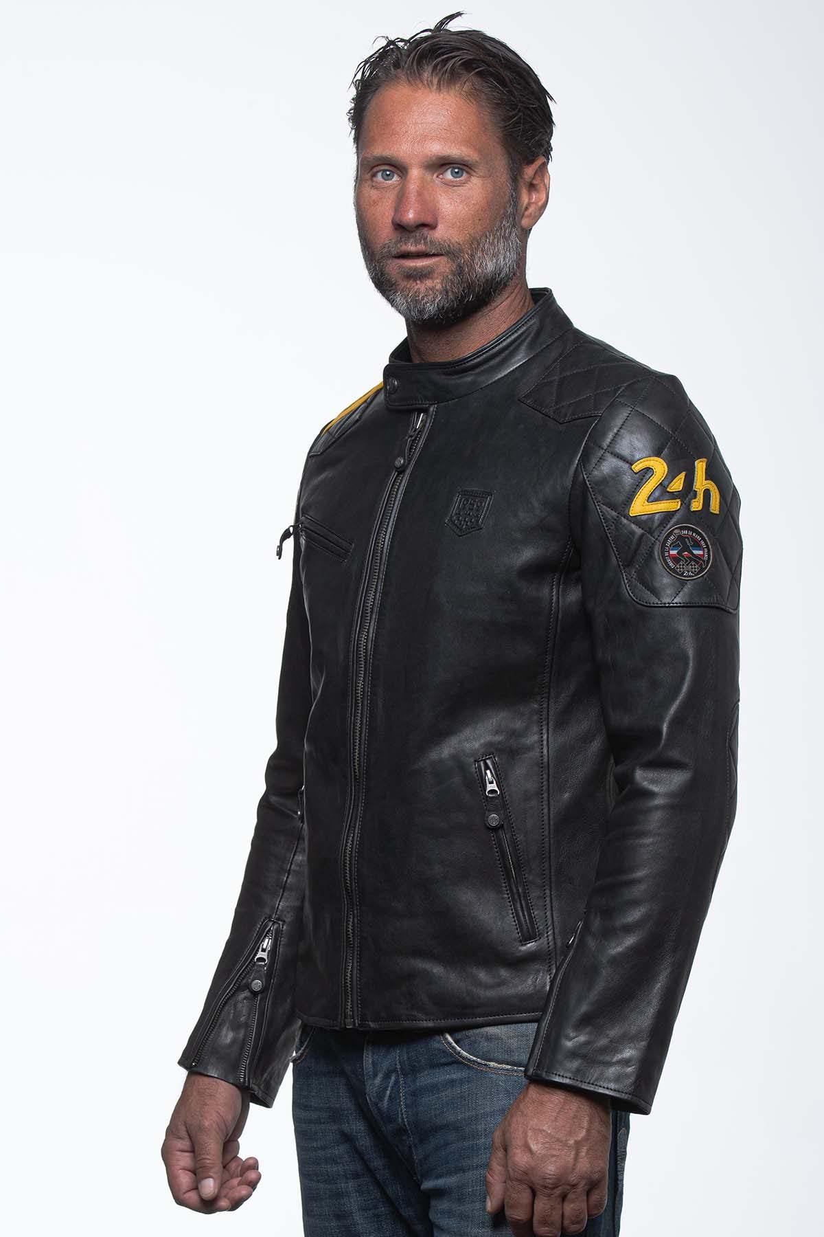 Men's black and yellow leather jacket with biker collar - Image n°2