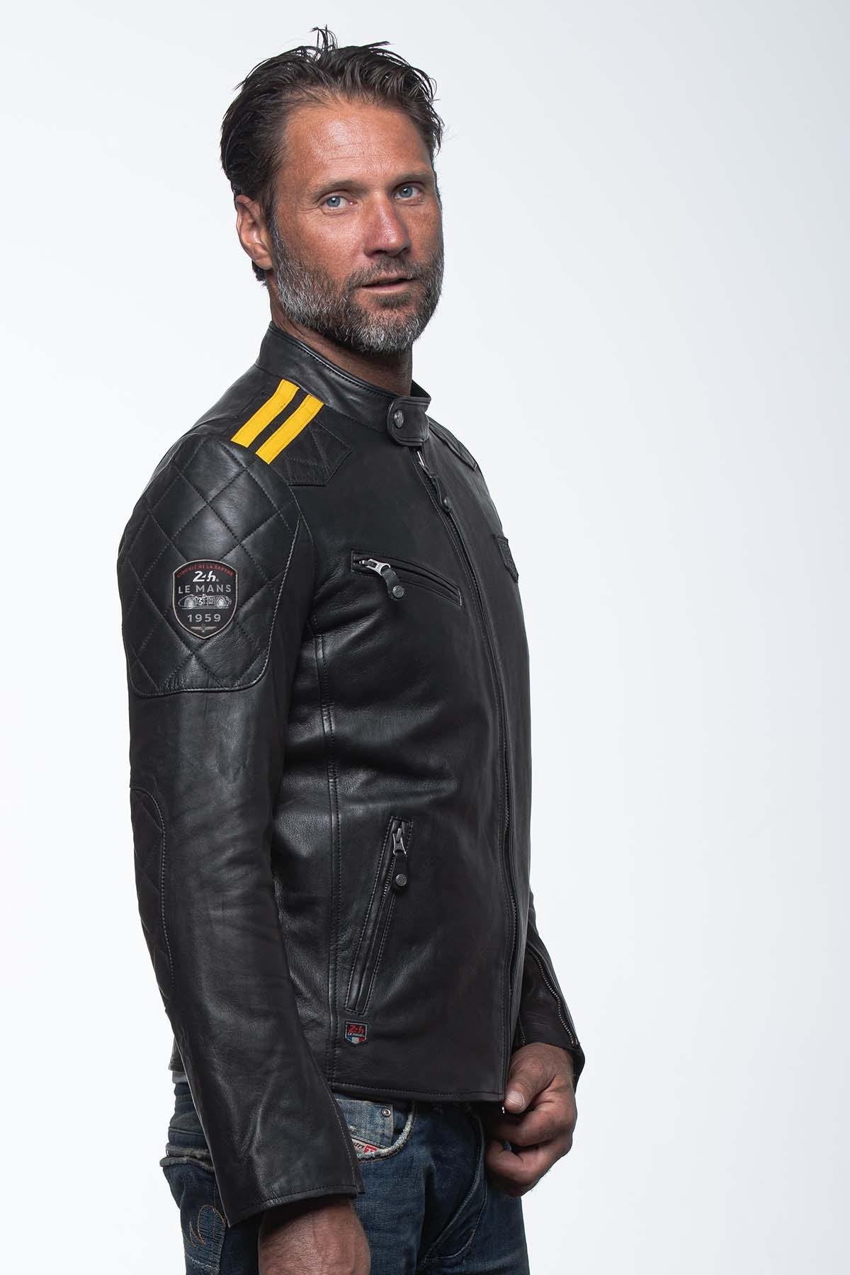 Men's black and yellow leather jacket with biker collar - Image n°1