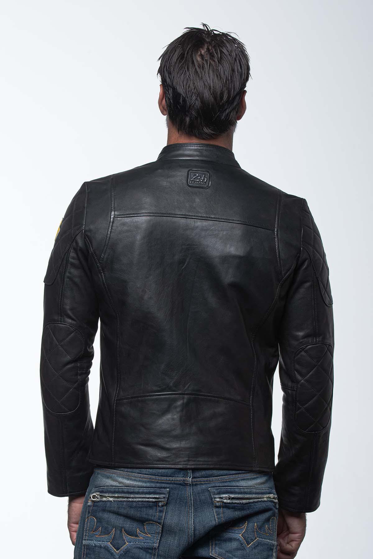 Men's black and yellow leather jacket with biker collar - Image n°3