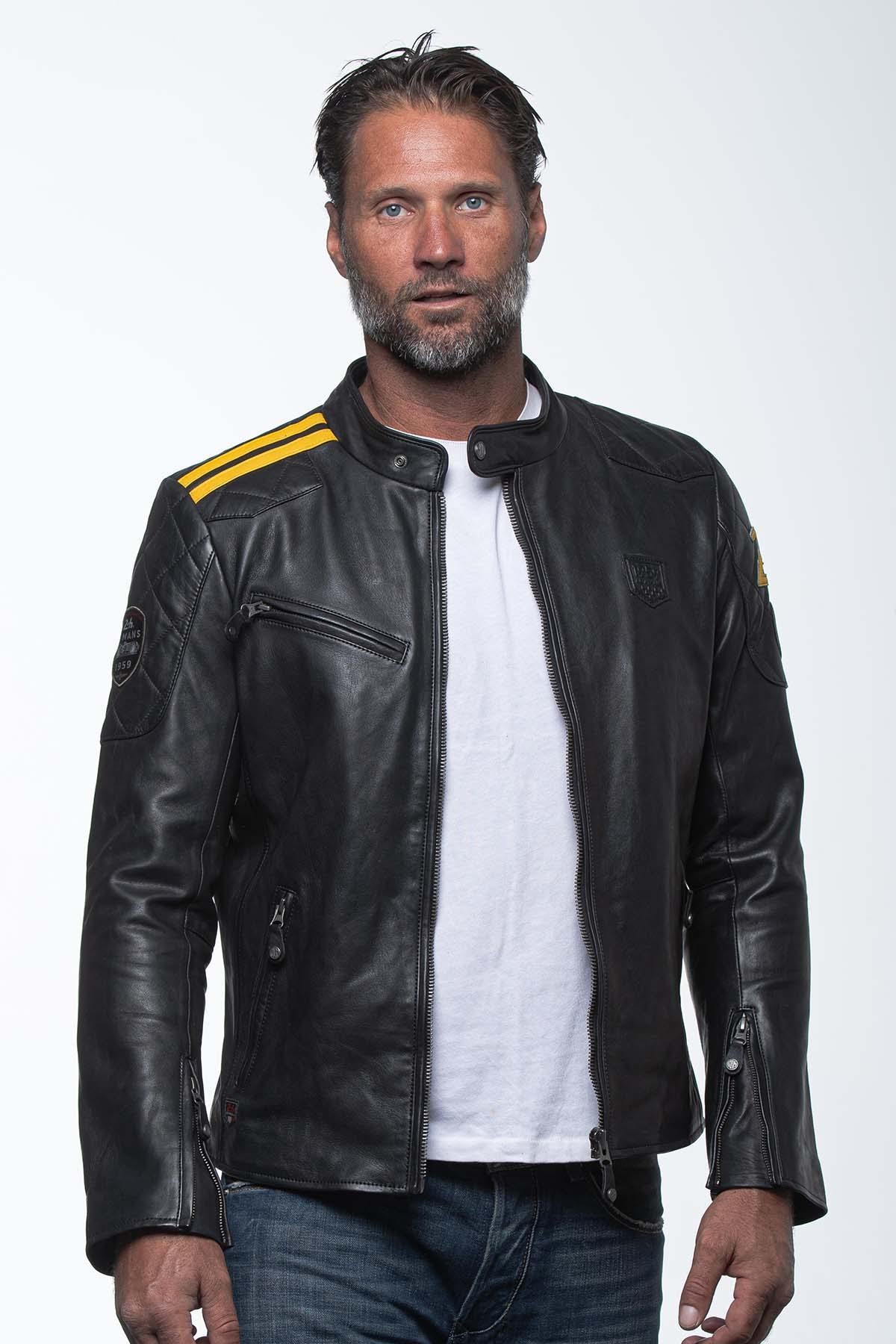 Men's black and yellow leather jacket with biker collar - Image n°4