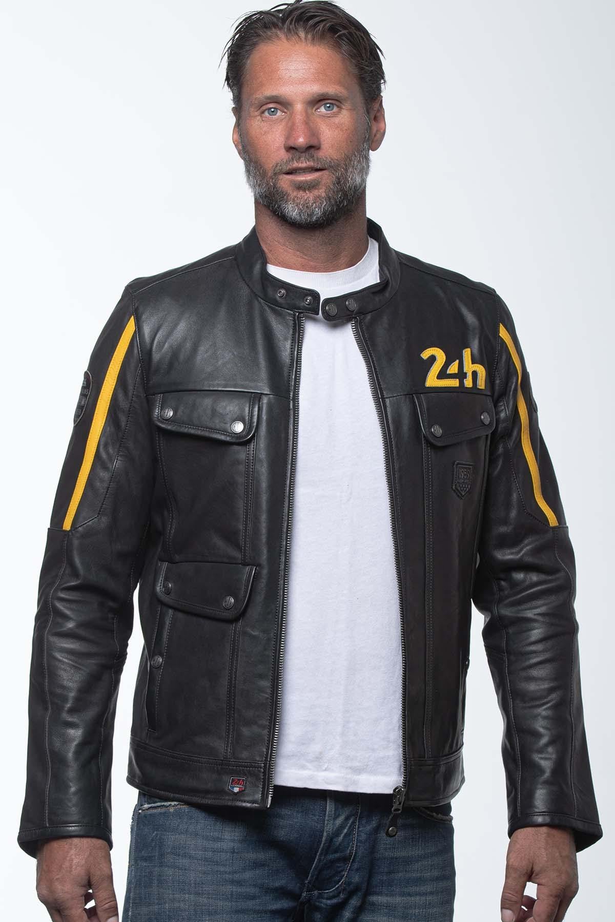 Black and yellow biker collar leather jacket with pockets - Image n°1