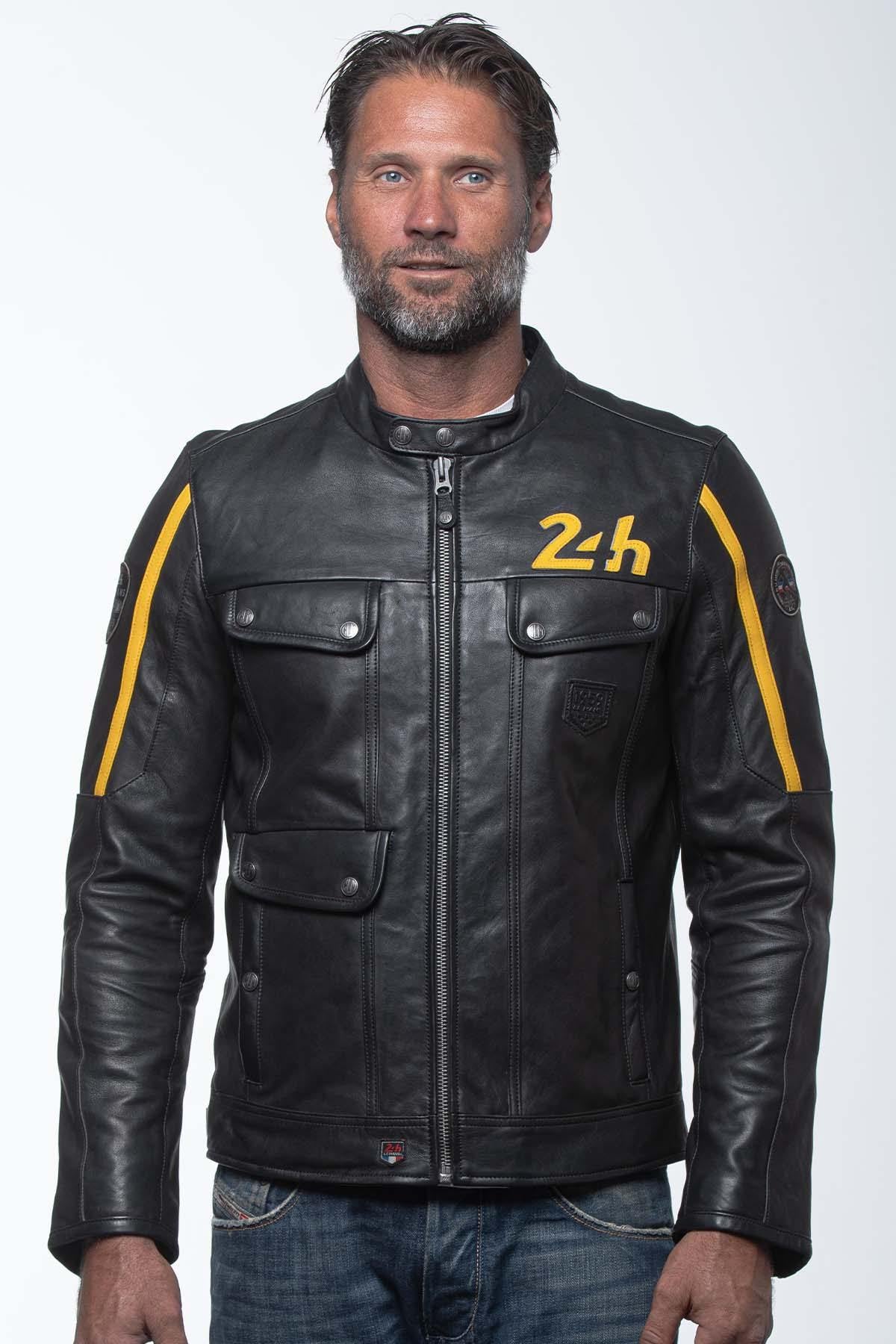 Black and yellow biker collar leather jacket with pockets - Image n°4