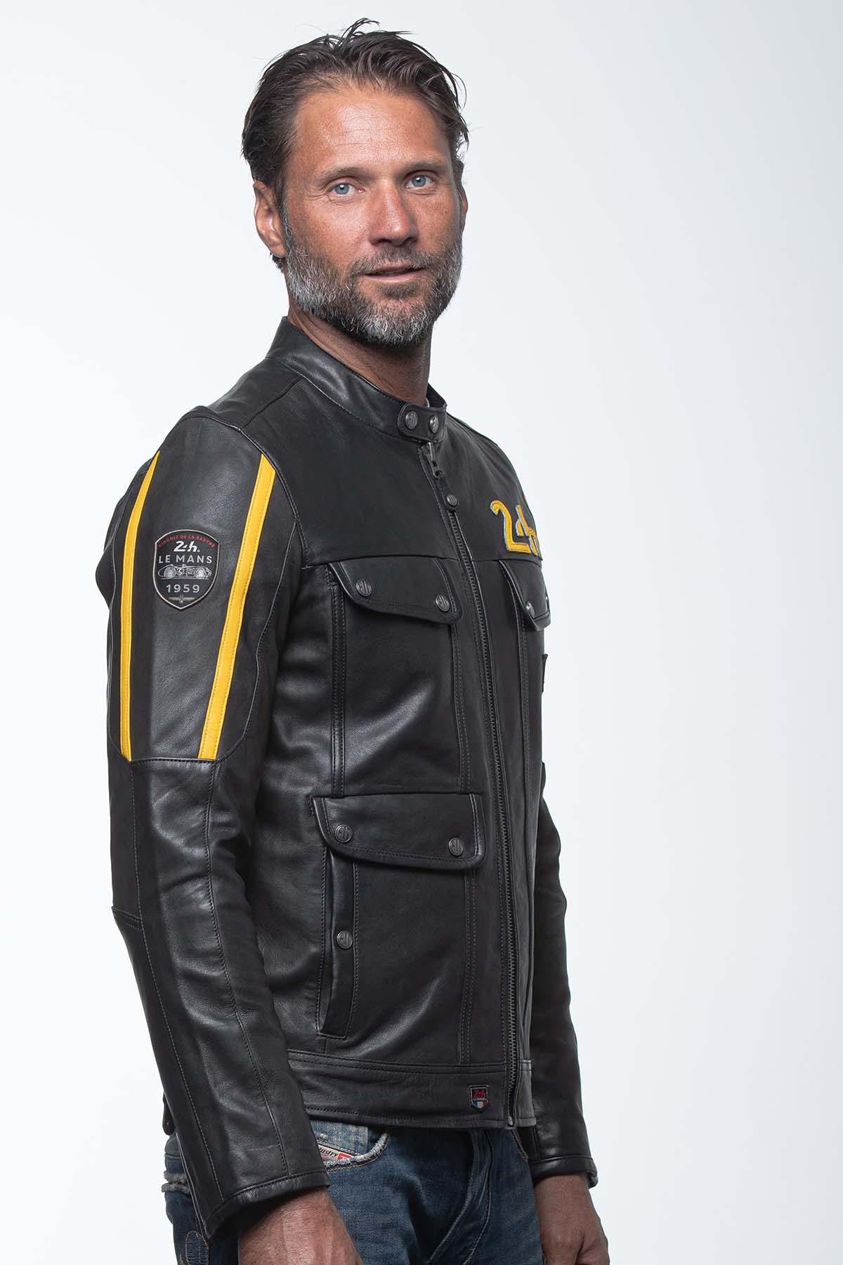 Black and yellow biker collar leather jacket with pockets - Image n°3