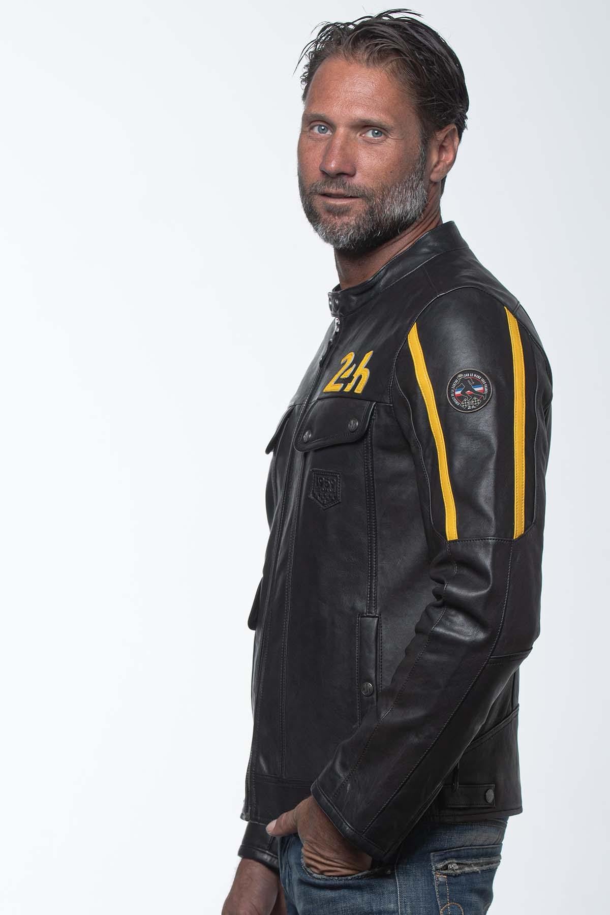 Black and yellow biker collar leather jacket with pockets - Image n°5