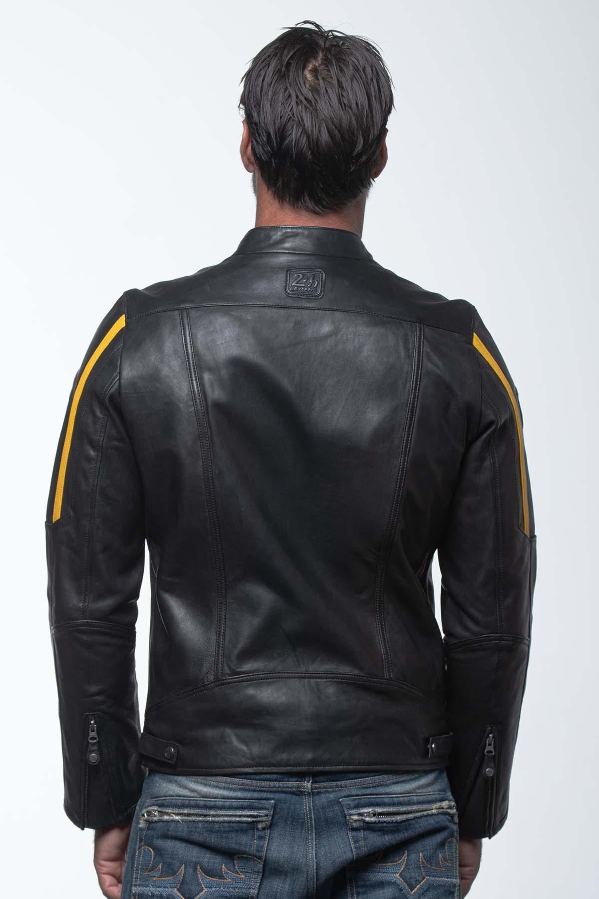 Black and yellow biker collar leather jacket with pockets - Image n°2