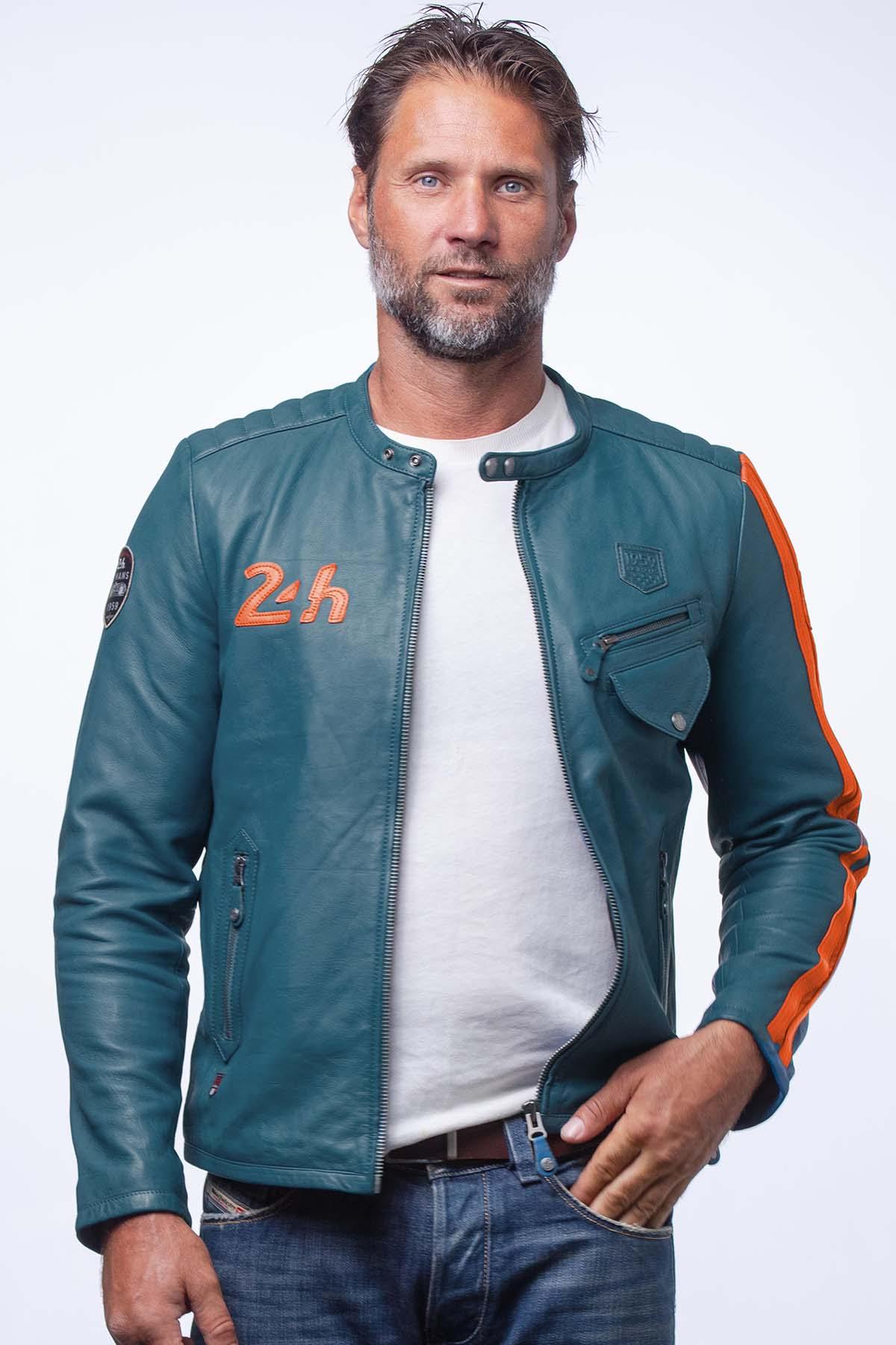 Men's leather jacket with biker collar, royal blue and orange - Image n°1