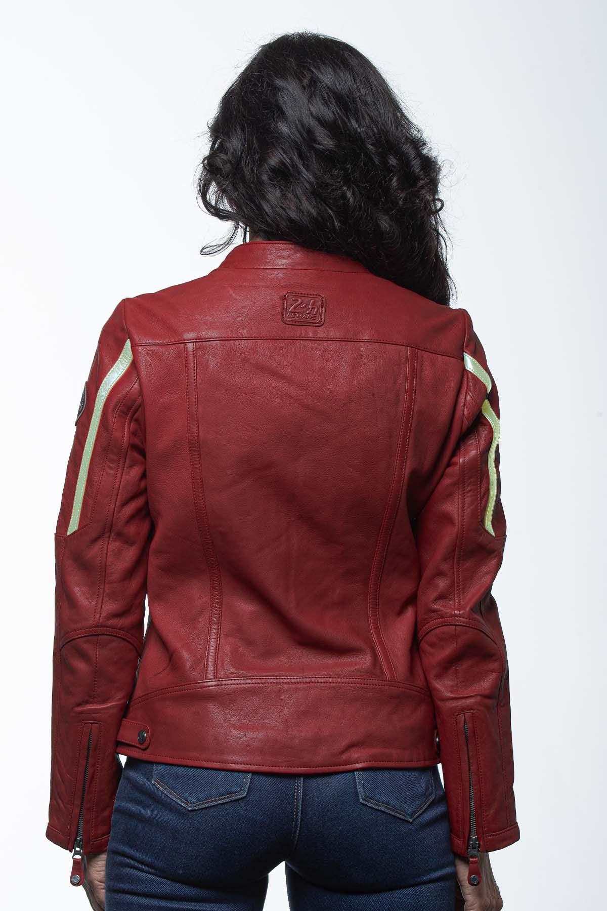 Dark red leather jacket with biker collar for women - Image n°3