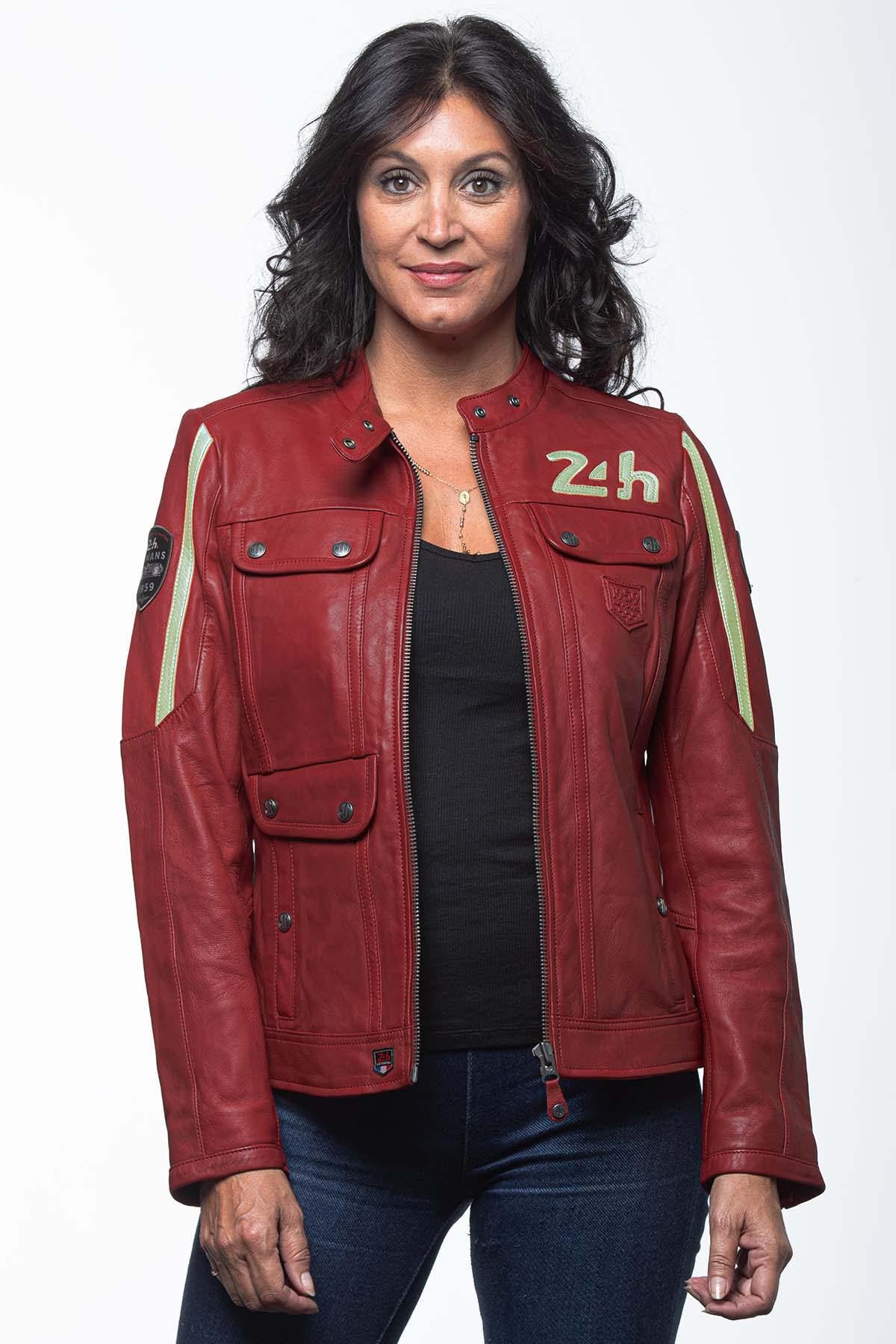 Dark red leather jacket with biker collar for women - Image n°1