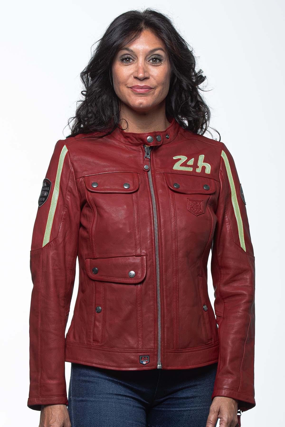 Dark red leather jacket with biker collar for women - Image n°2