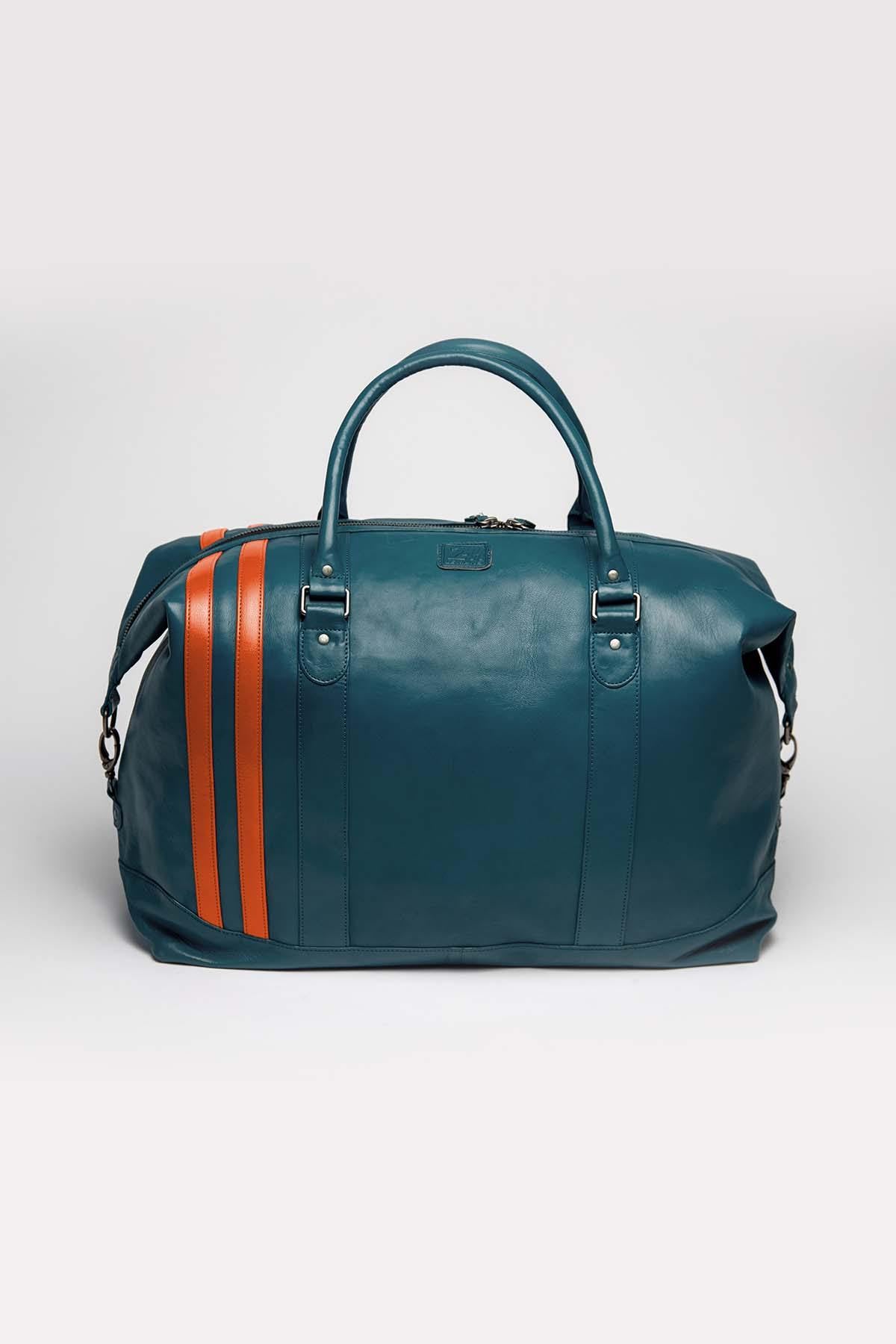 Royal blue orange racing leather travel bag - Image n°2