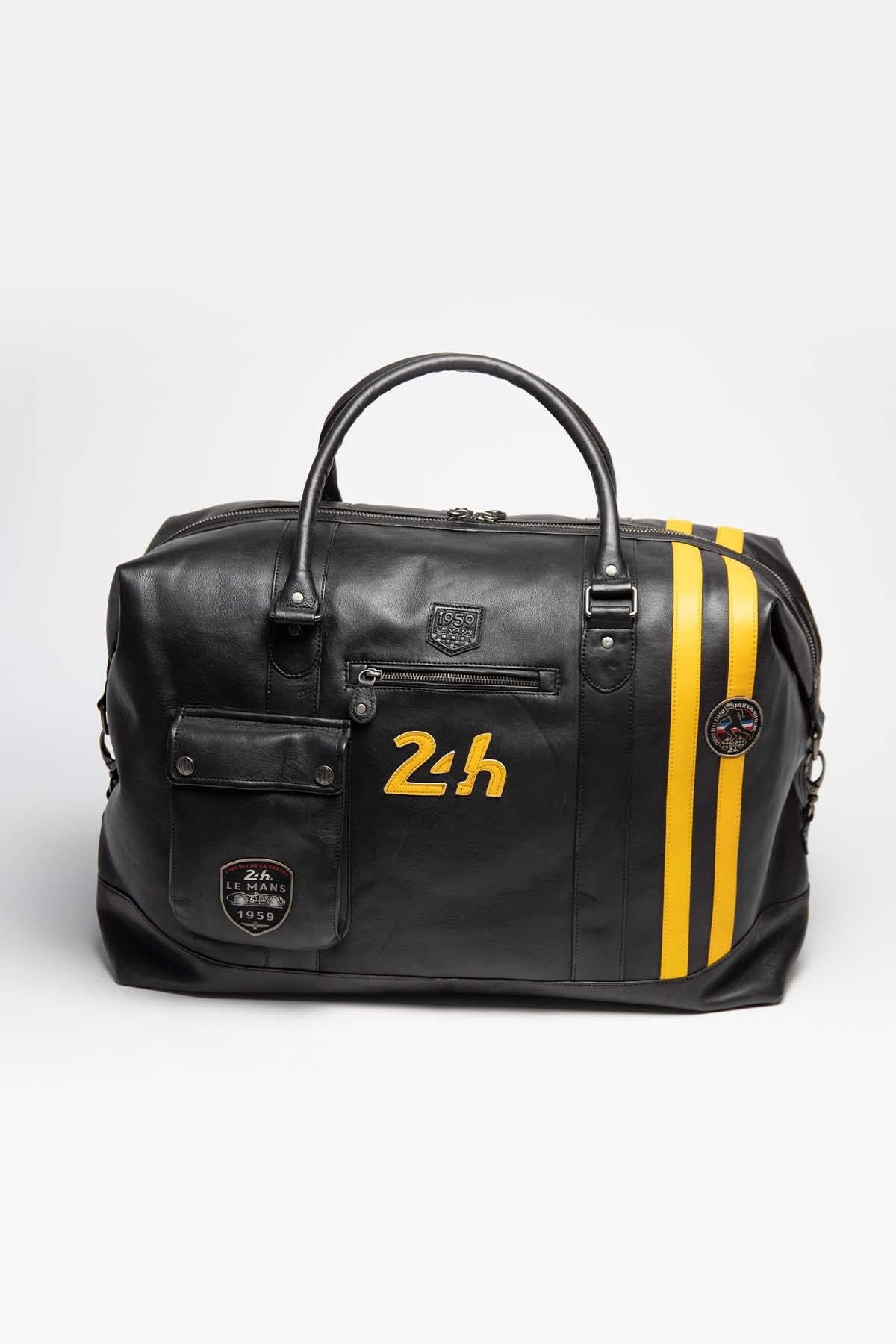 Black and yellow racing leather travel bag - Image n°1