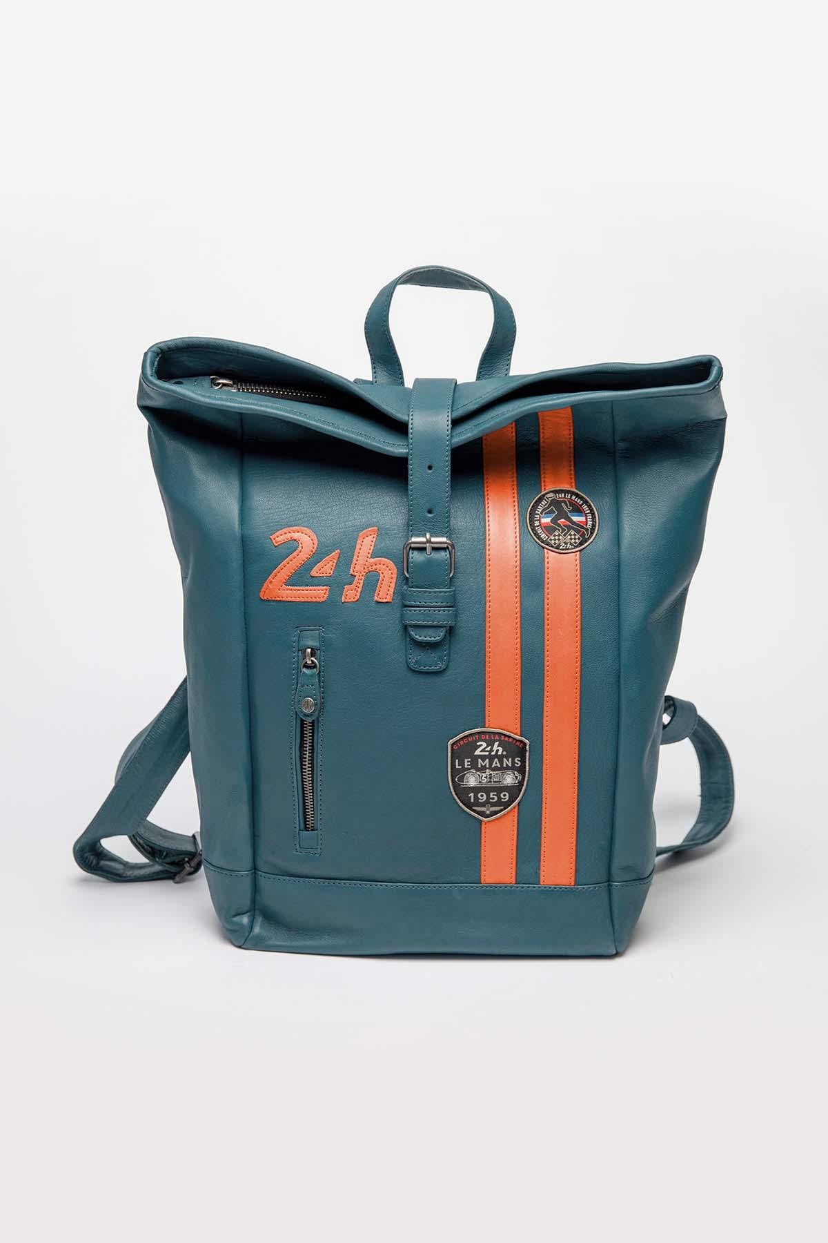 Royal blue and orange racing leather backpack - Image n°2