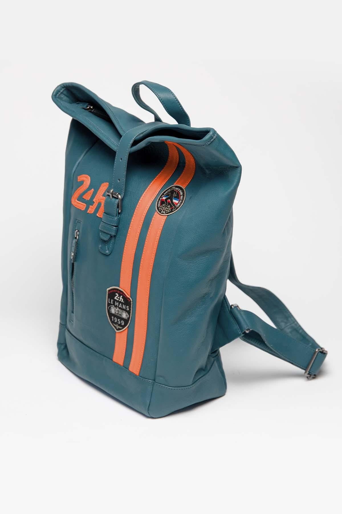 Royal blue and orange racing leather backpack - Image n°1