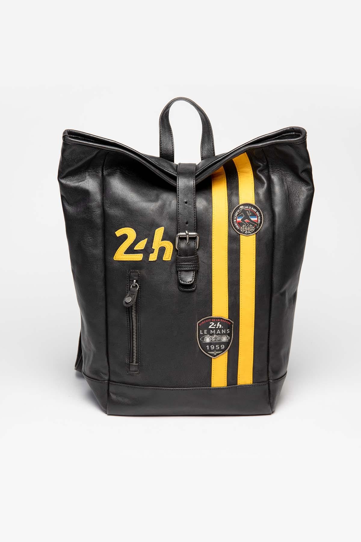 Black and yellow racing leather backpack - Image n°1