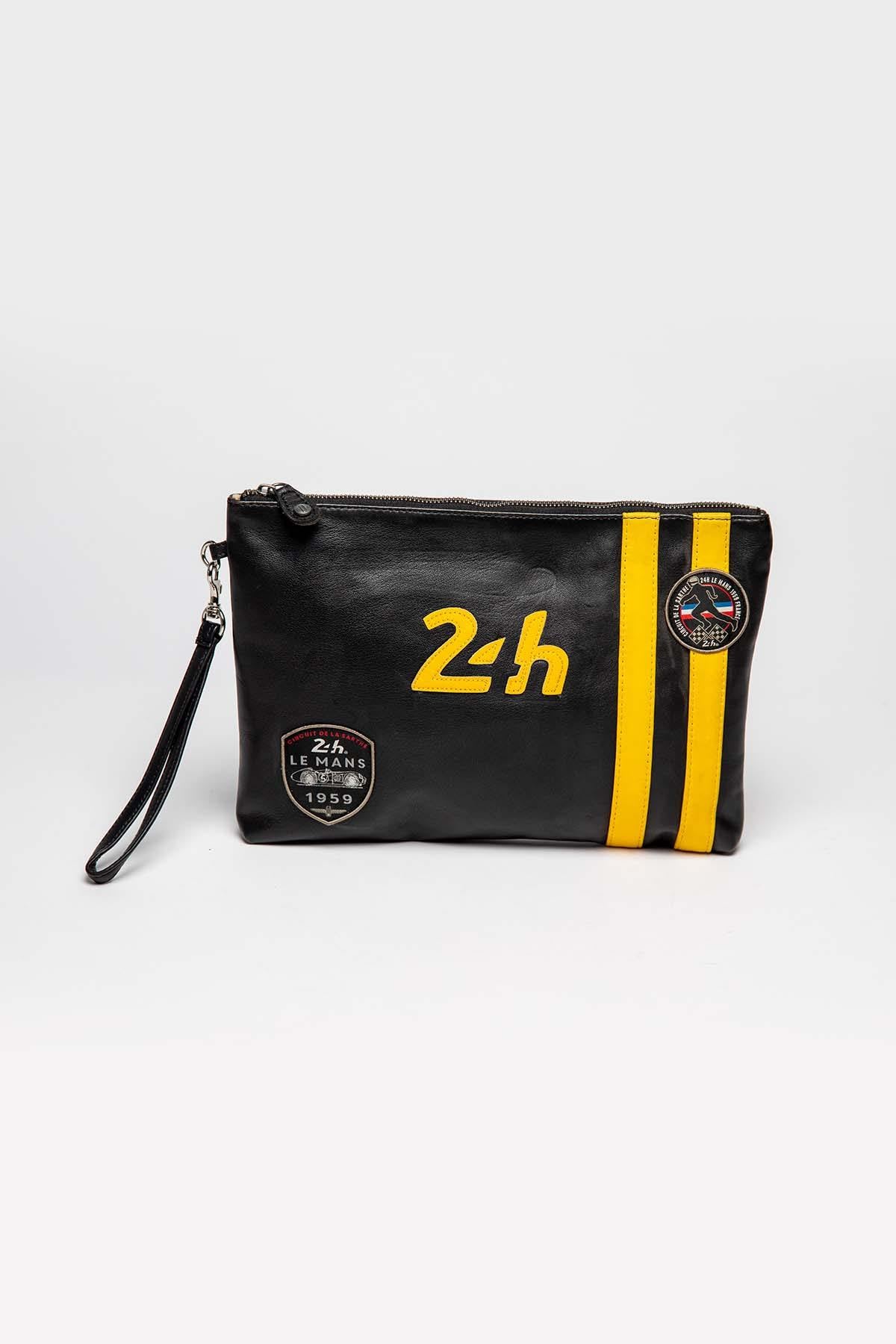 Black and yellow racing leather pouch - Image n°1