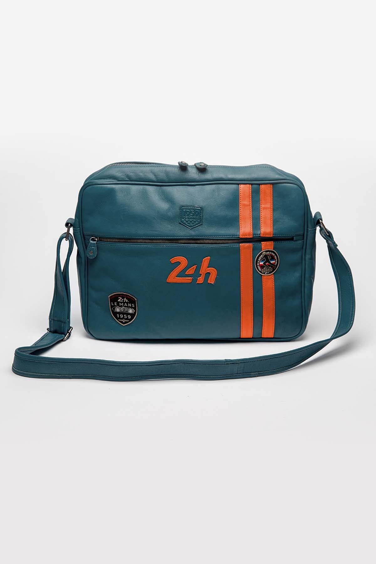 Royal blue and orange racing leather shoulder bag for men - Image n°1