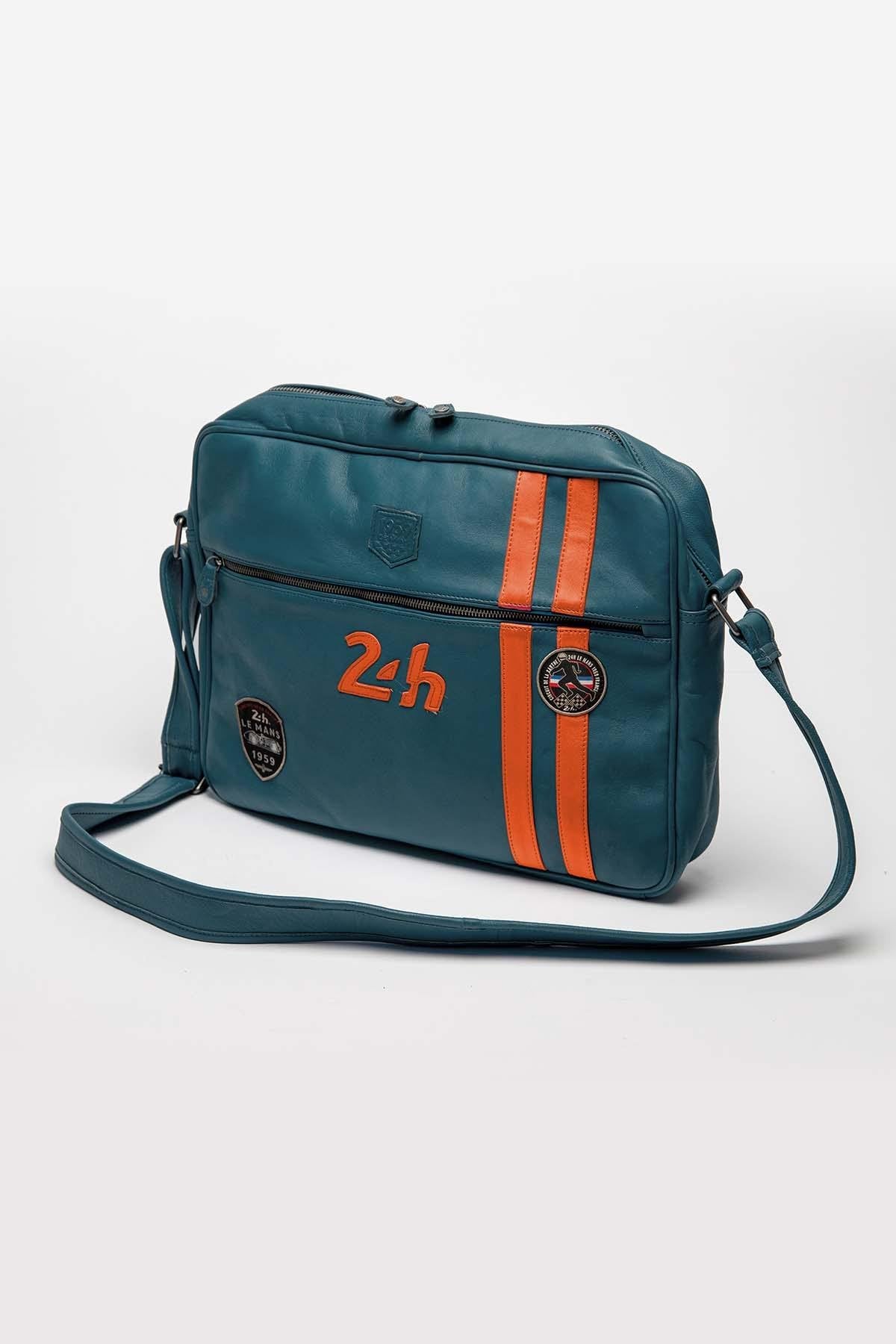 Royal blue and orange racing leather shoulder bag for men - Image n°4