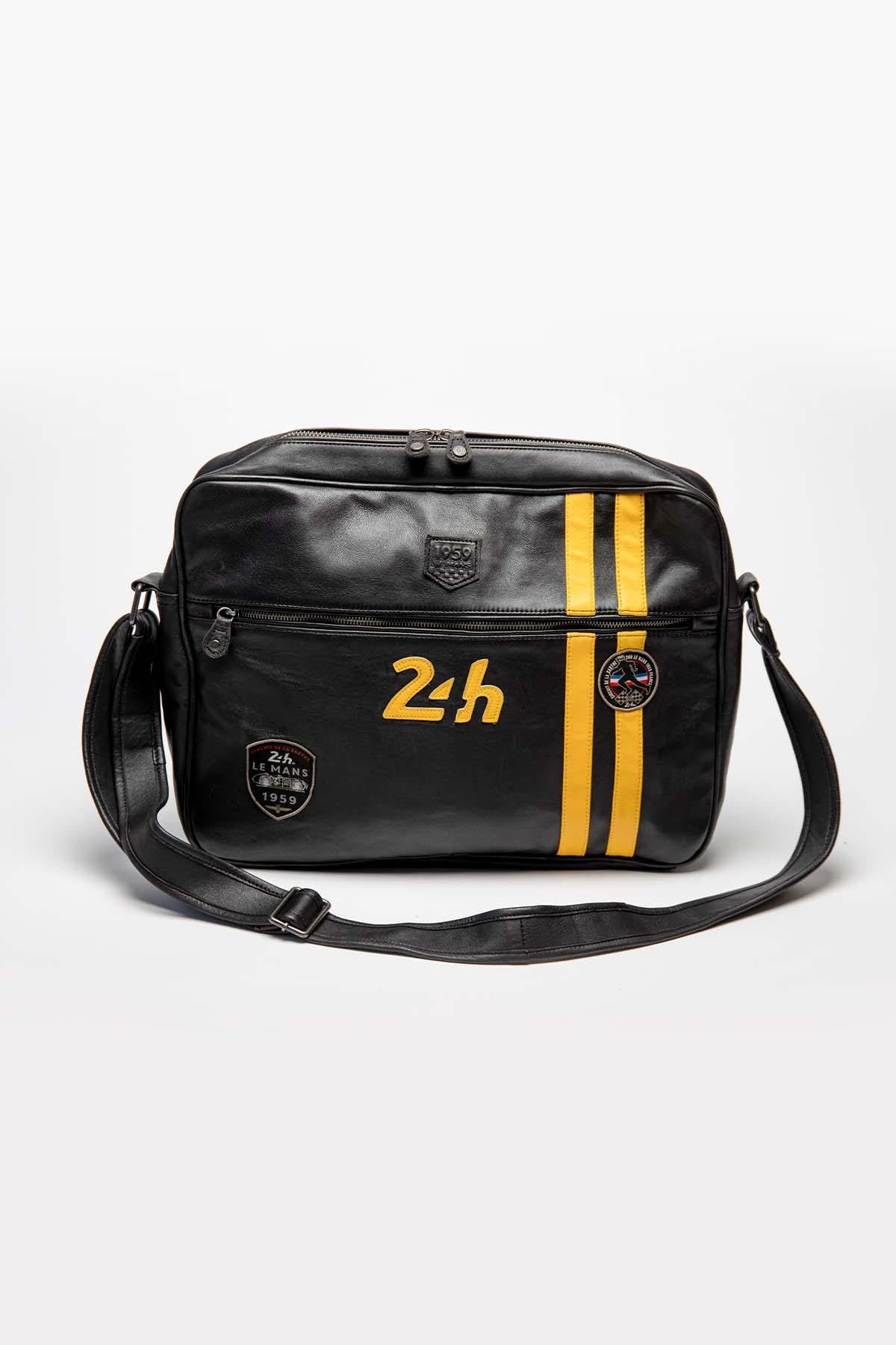 Black and yellow racing leather shoulder bag for men - Image n°3