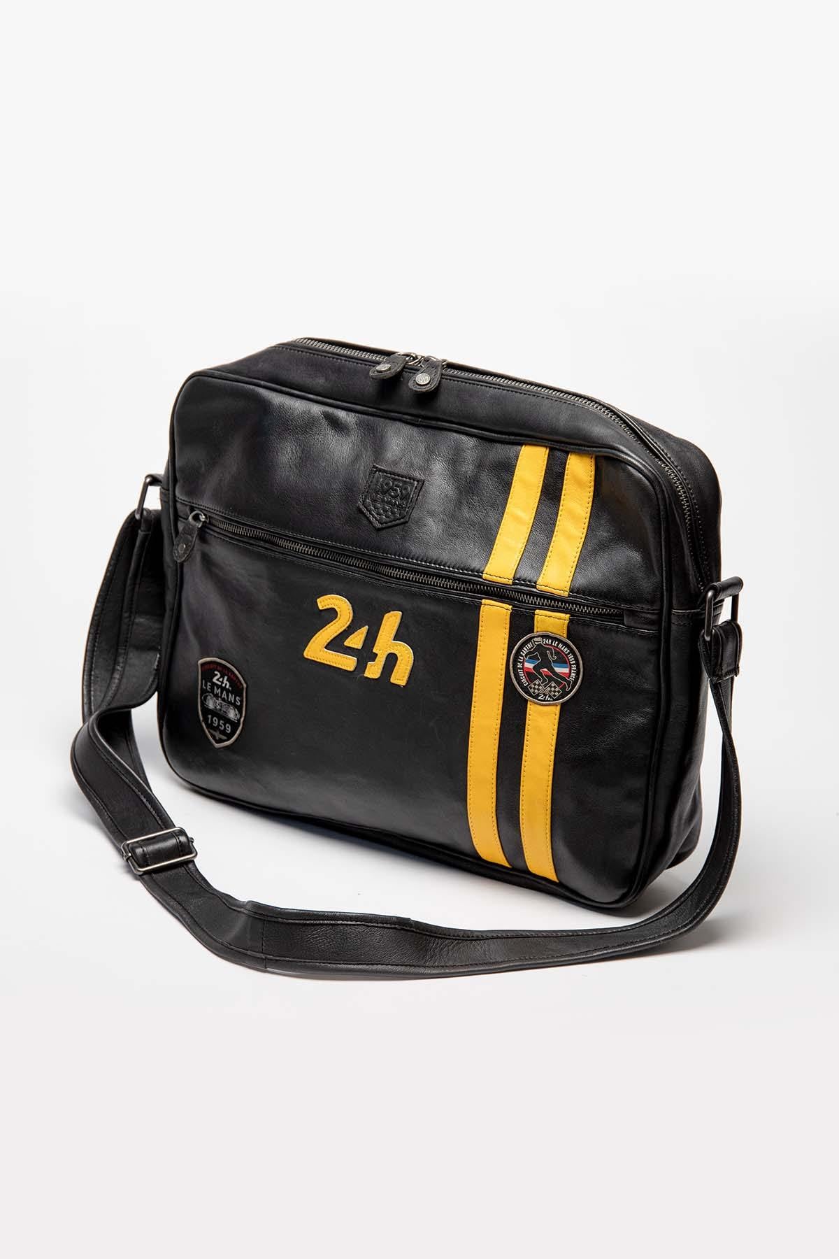 Black and yellow racing leather shoulder bag for men - Image n°1