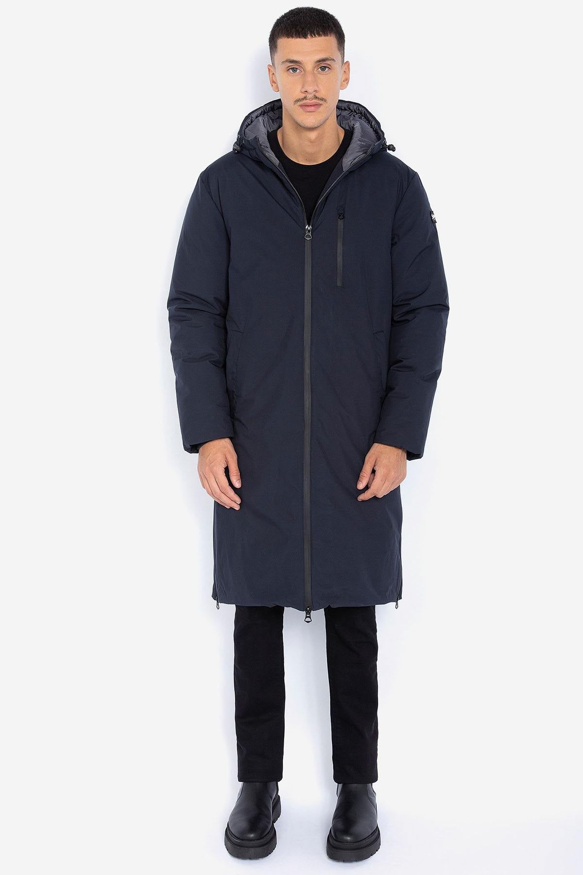 Long navy blue textile parka for men - Image n°2