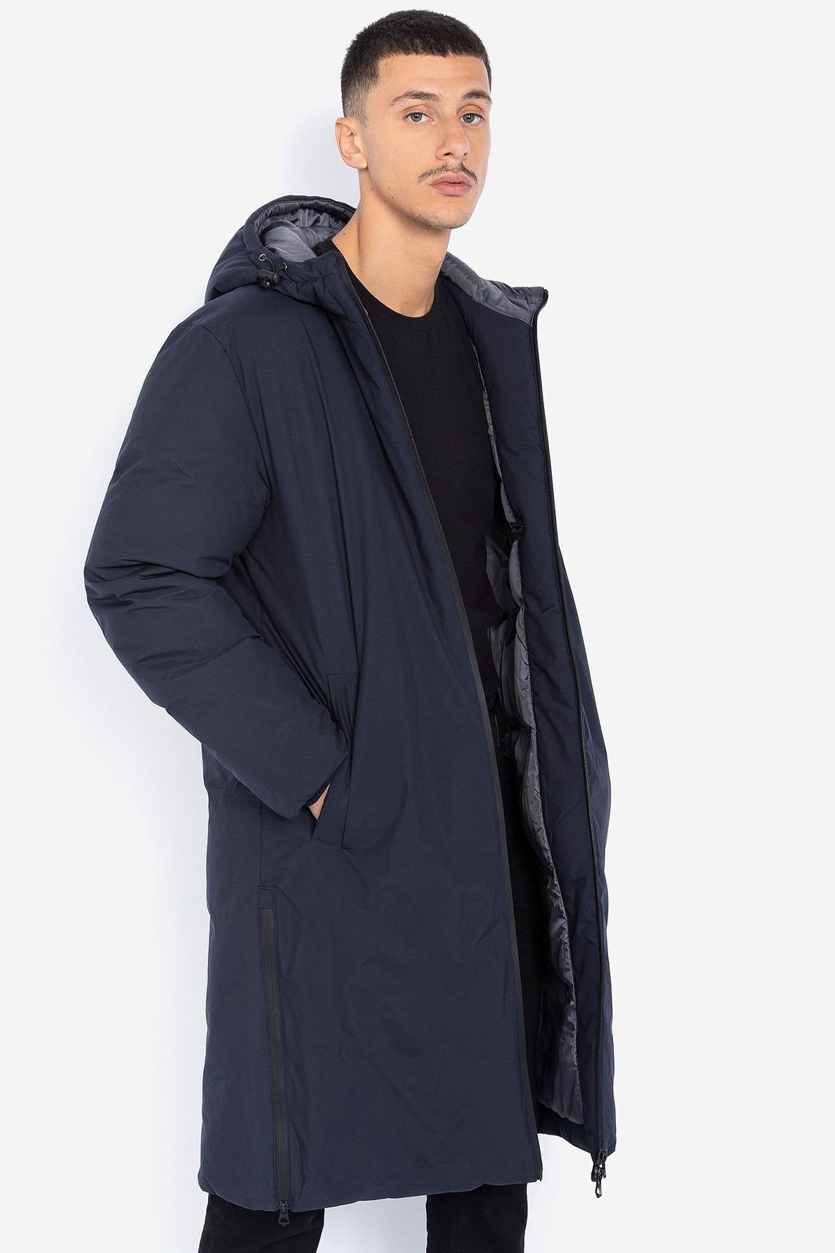 Long navy blue textile parka for men - Image n°1