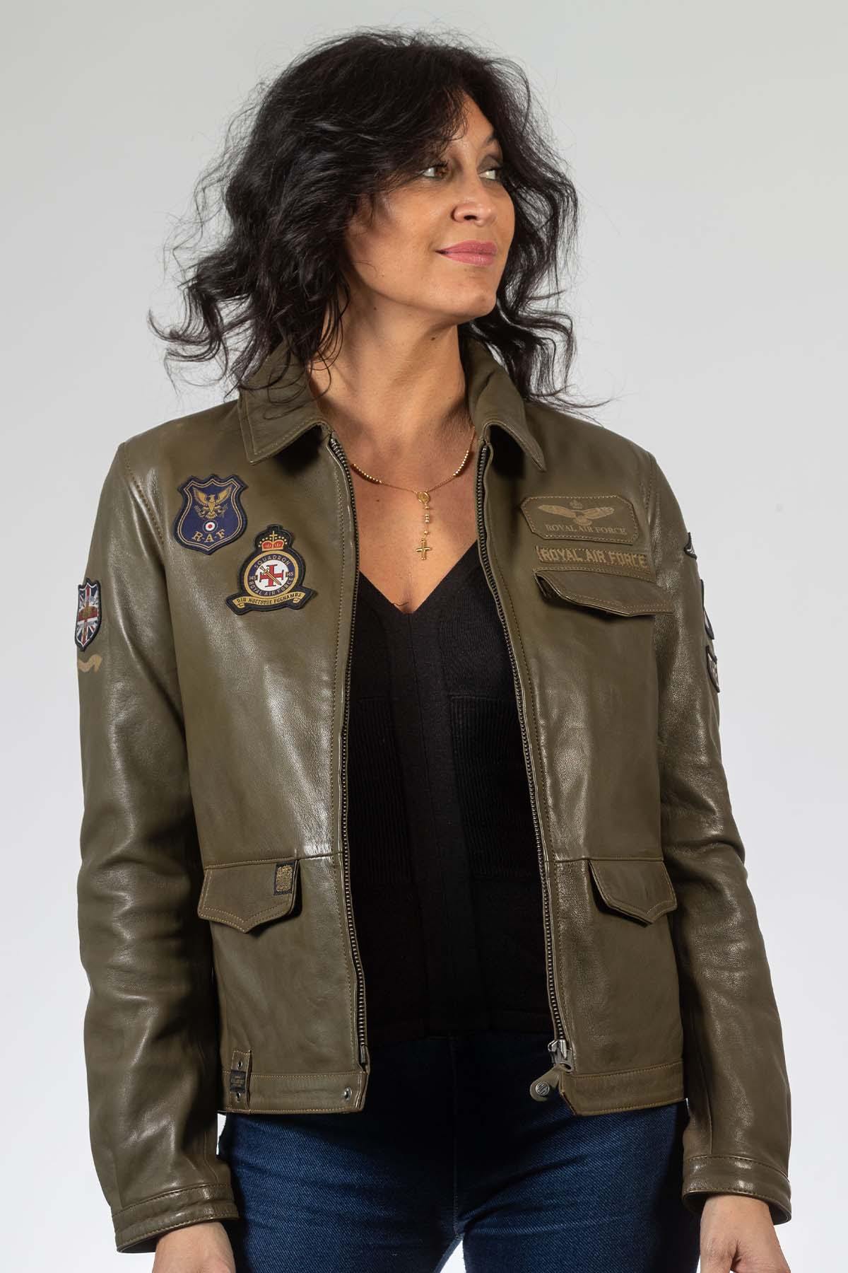 Leather jacket with shirt collar and aviation patches - Image n°1