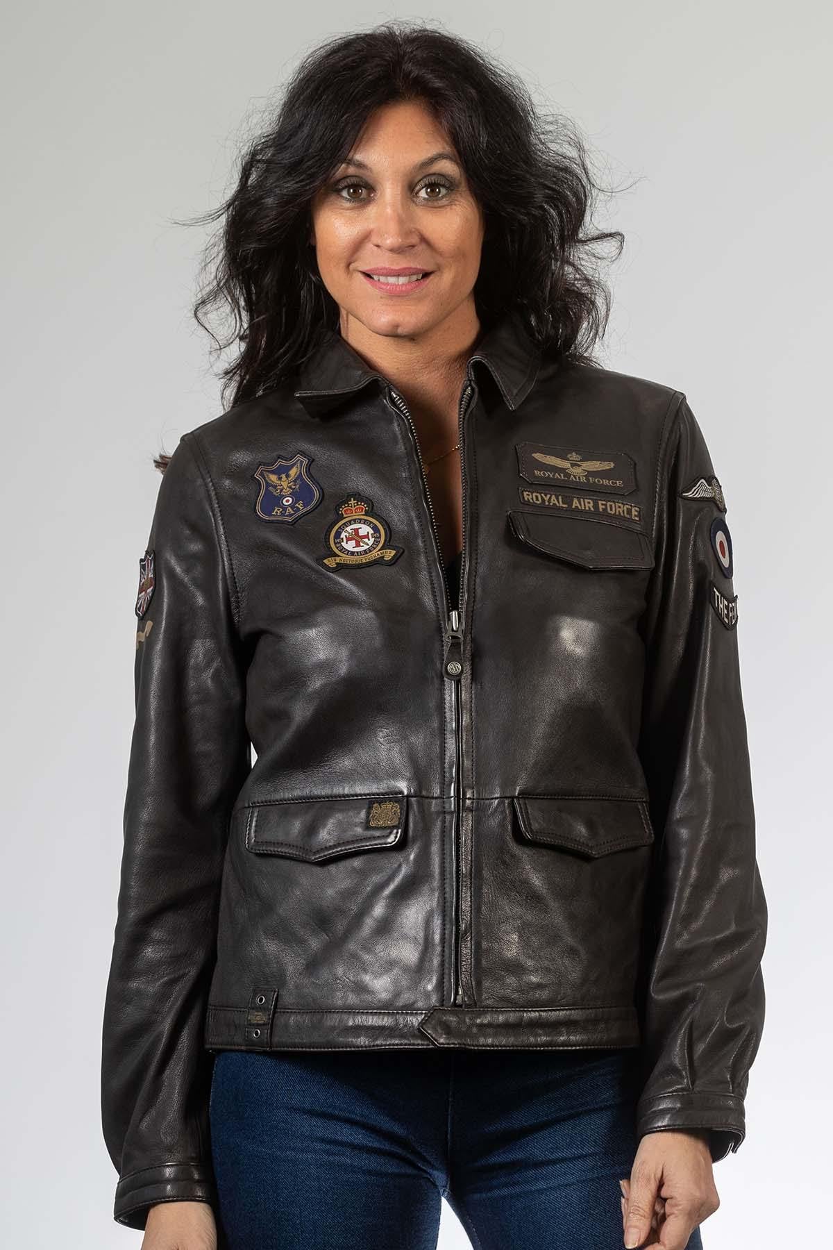 Dark brown leather jacket with shirt collar and patches - Image n°3