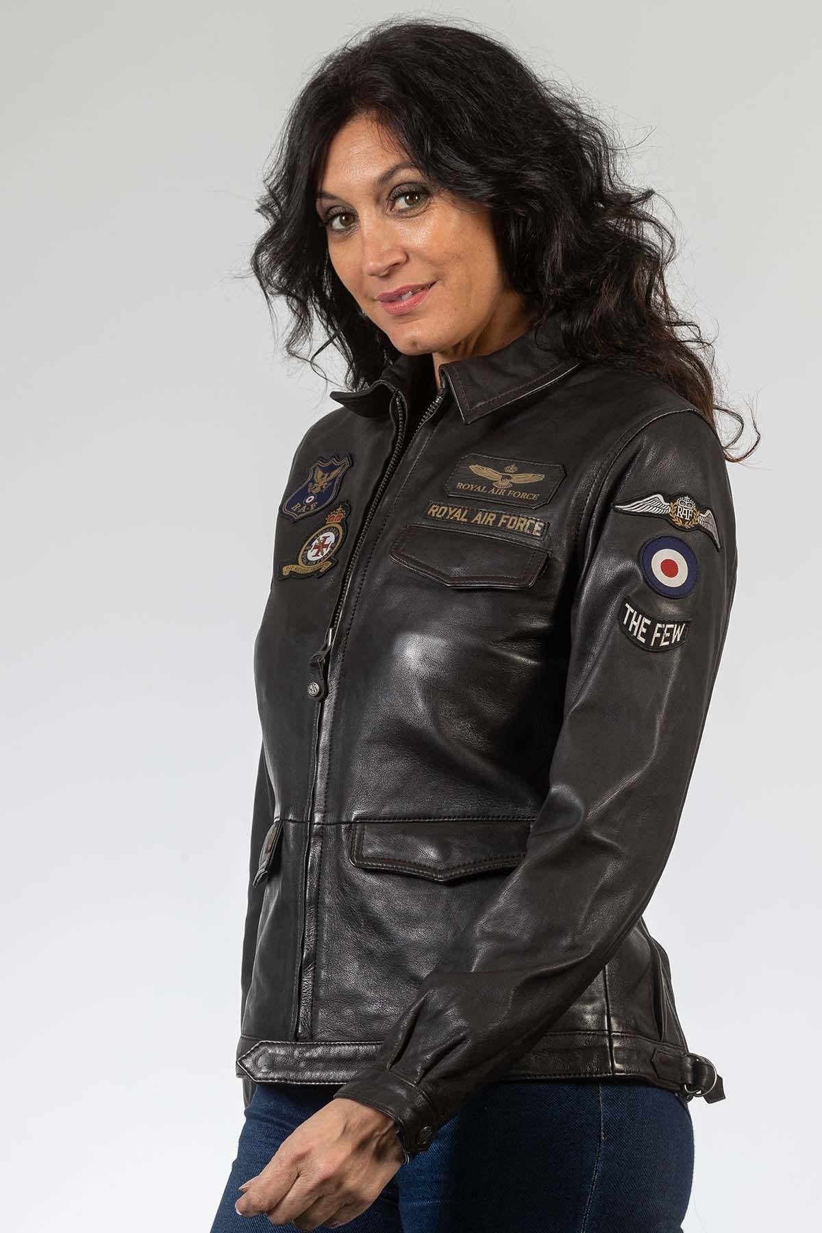 Dark brown leather jacket with shirt collar and patches - Image n°2