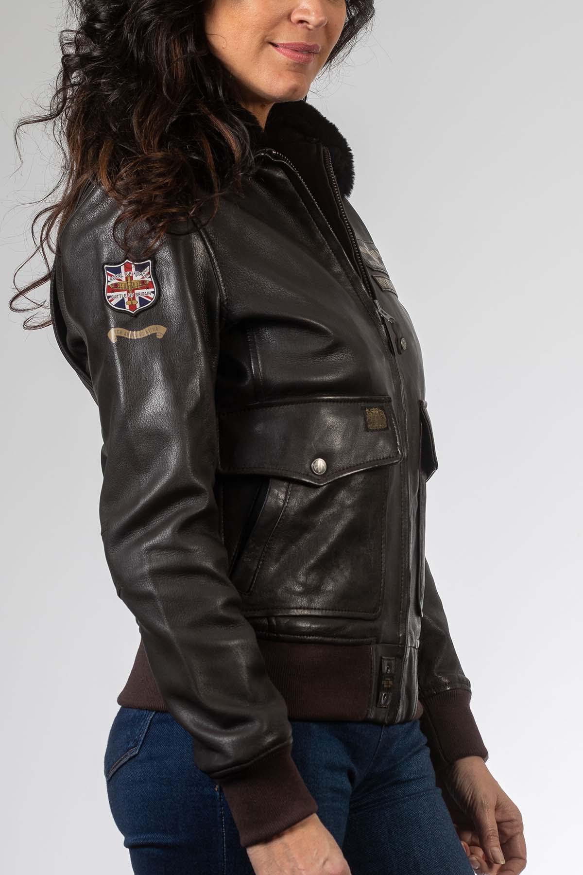 Dark brown leather bomber jacket with patches - Image n°2