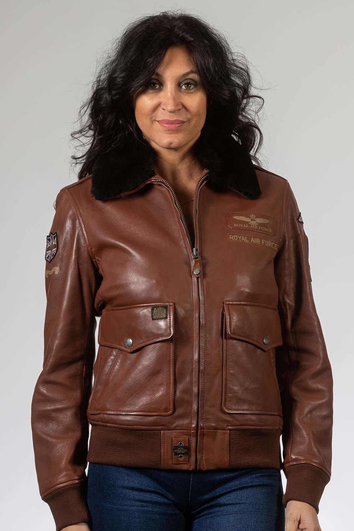 Tortoise brown leather bomber jacket with patches - Image n°3