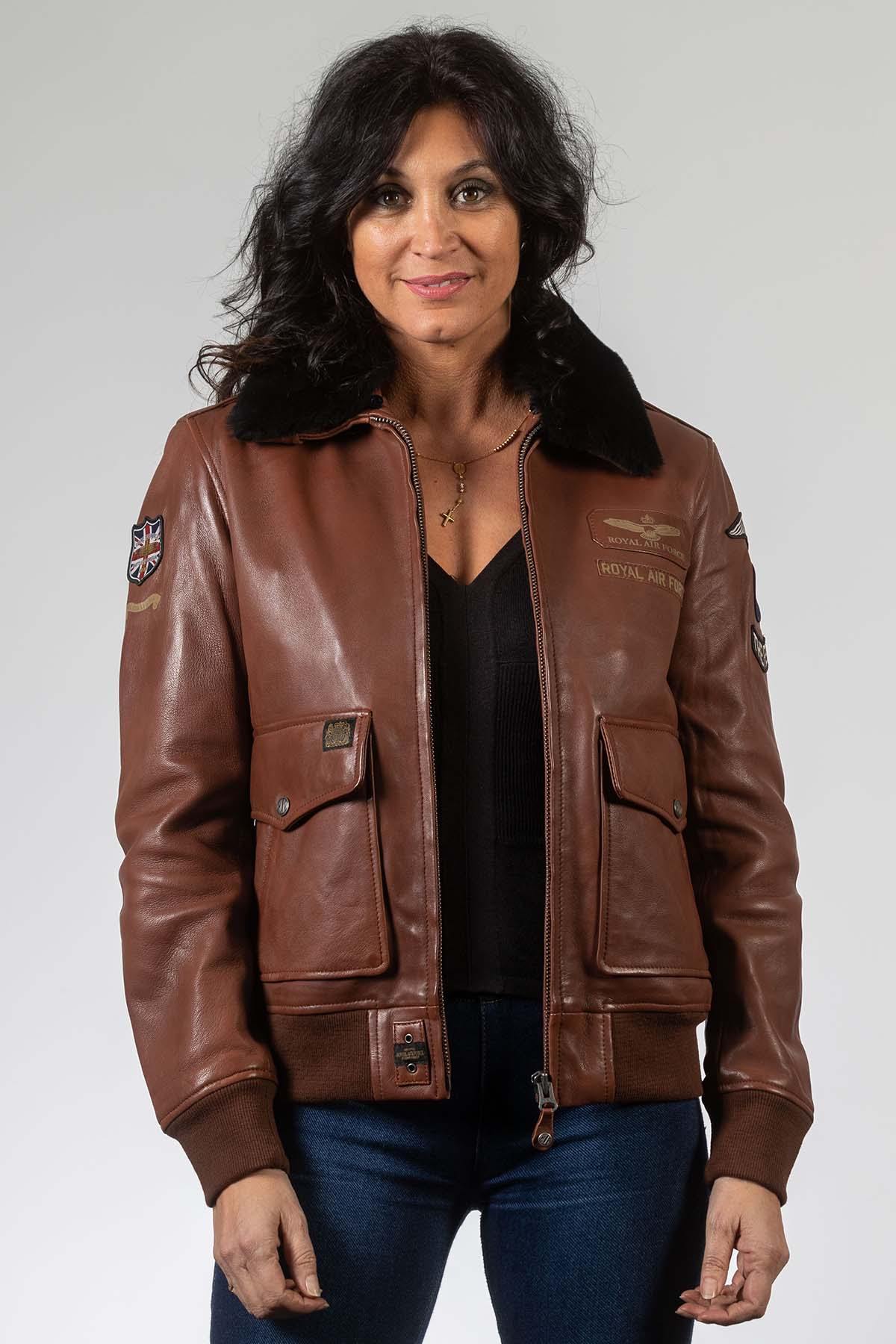 Tortoise brown leather bomber jacket with patches - Image n°1