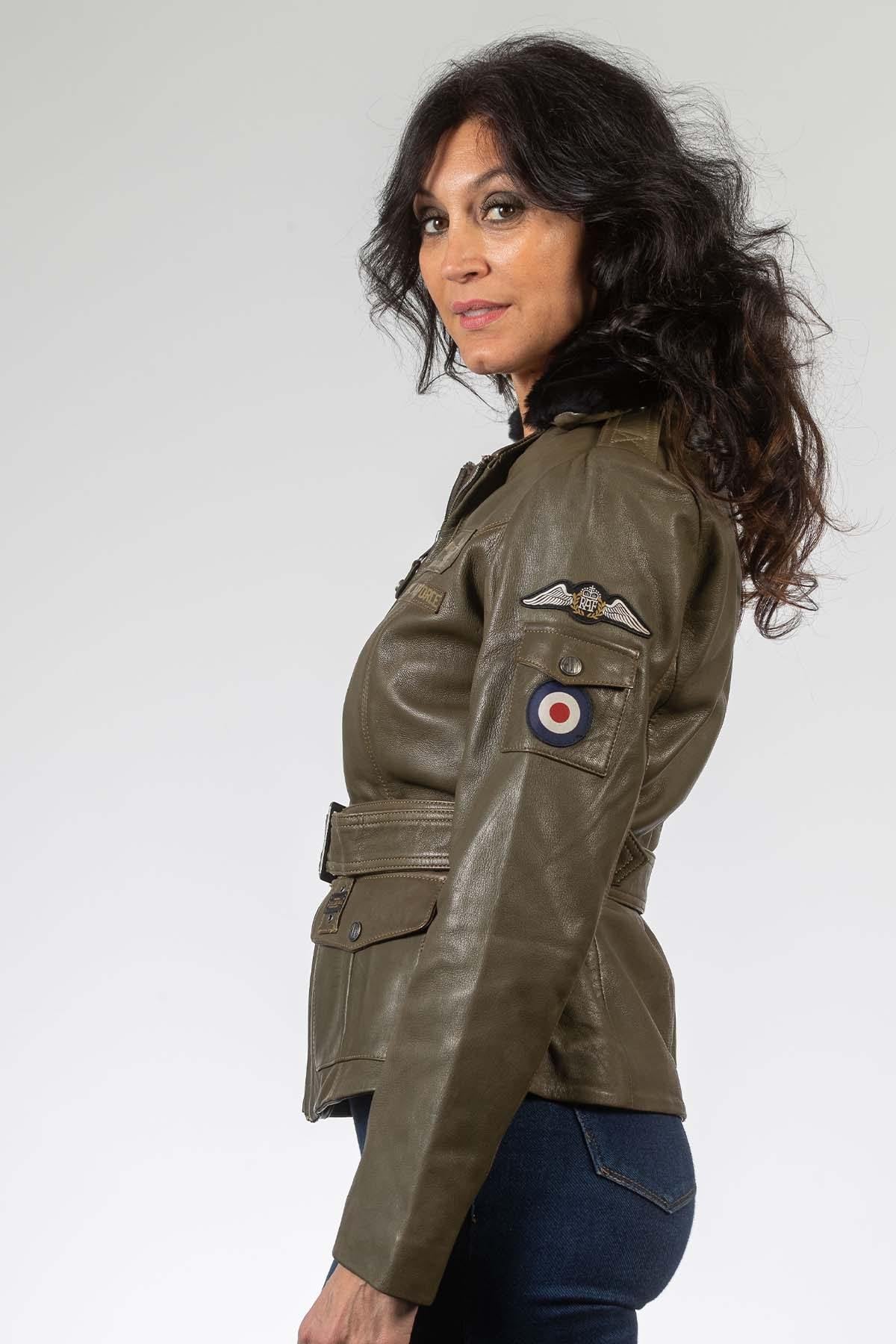 Dark khaki belted leather jacket with patches - Image n°3