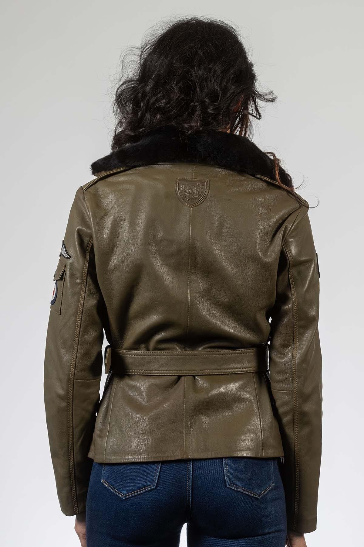 Dark khaki belted leather jacket with patches - Image n°4