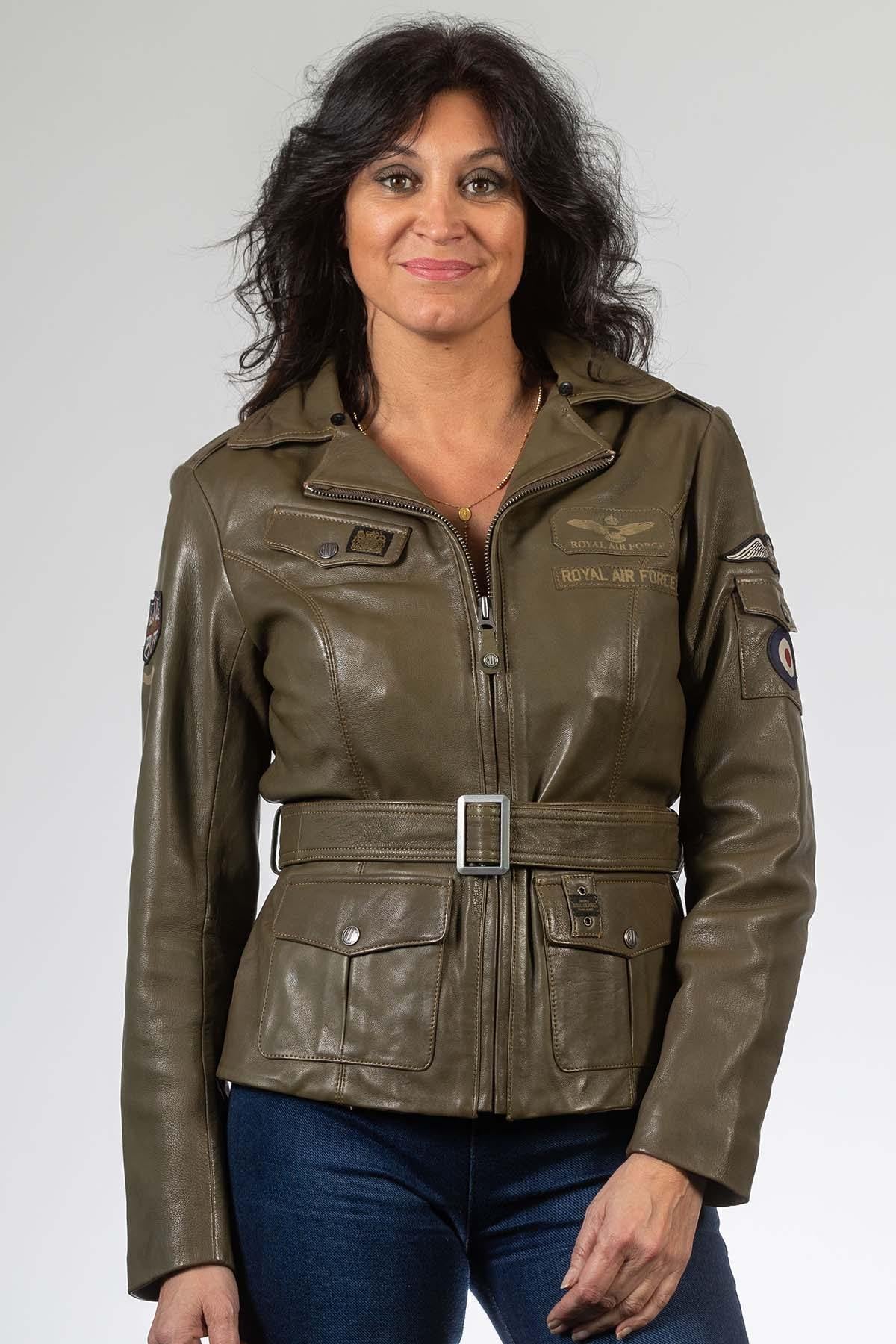 Dark khaki belted leather jacket with patches - Image n°2