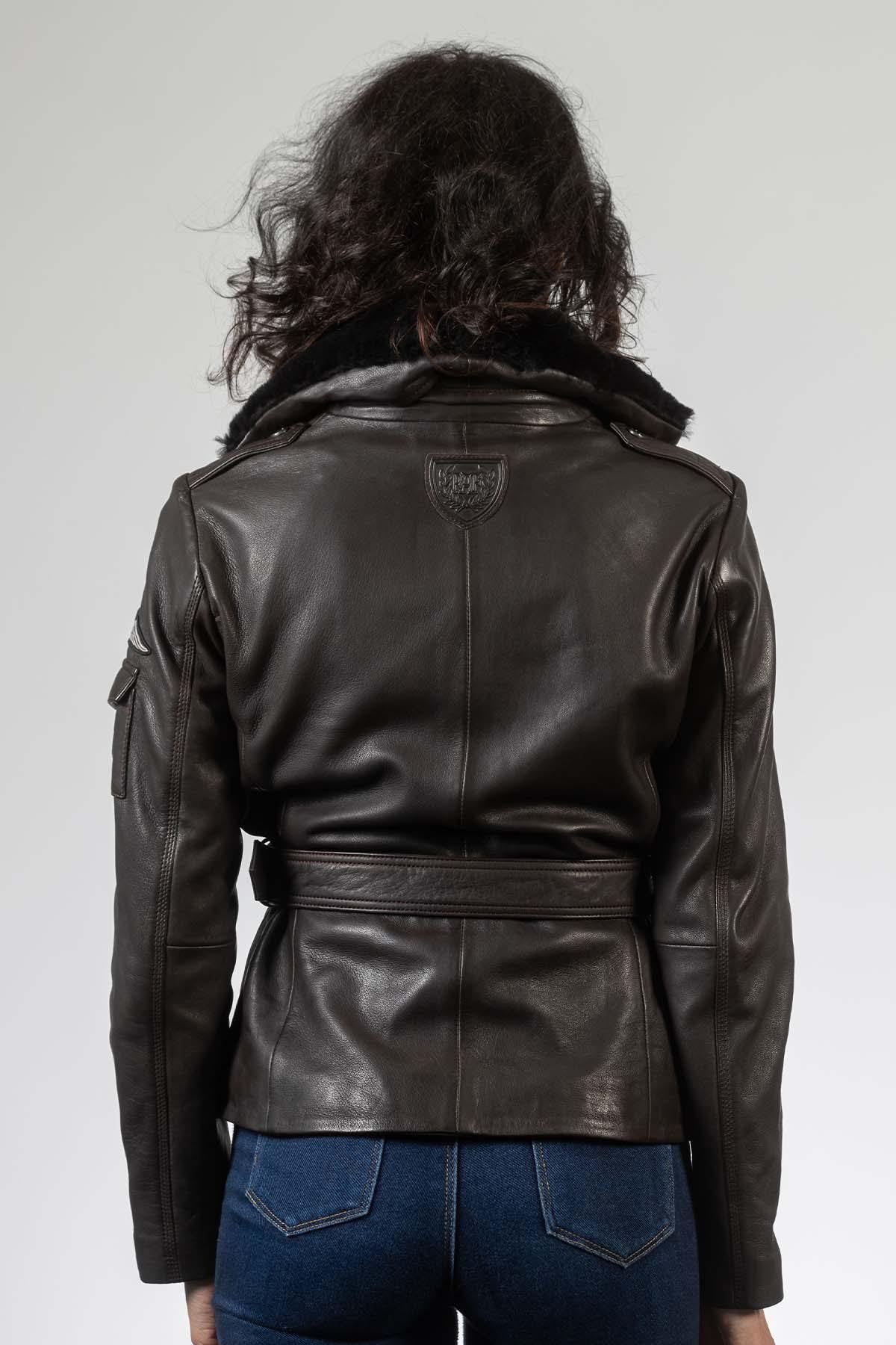 Dark brown belted leather jacket with patches - Image n°3