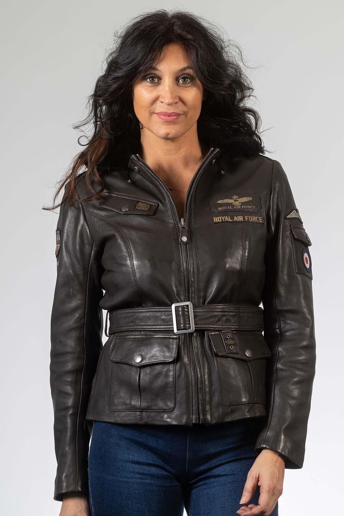 Dark brown belted leather jacket with patches - Image n°1