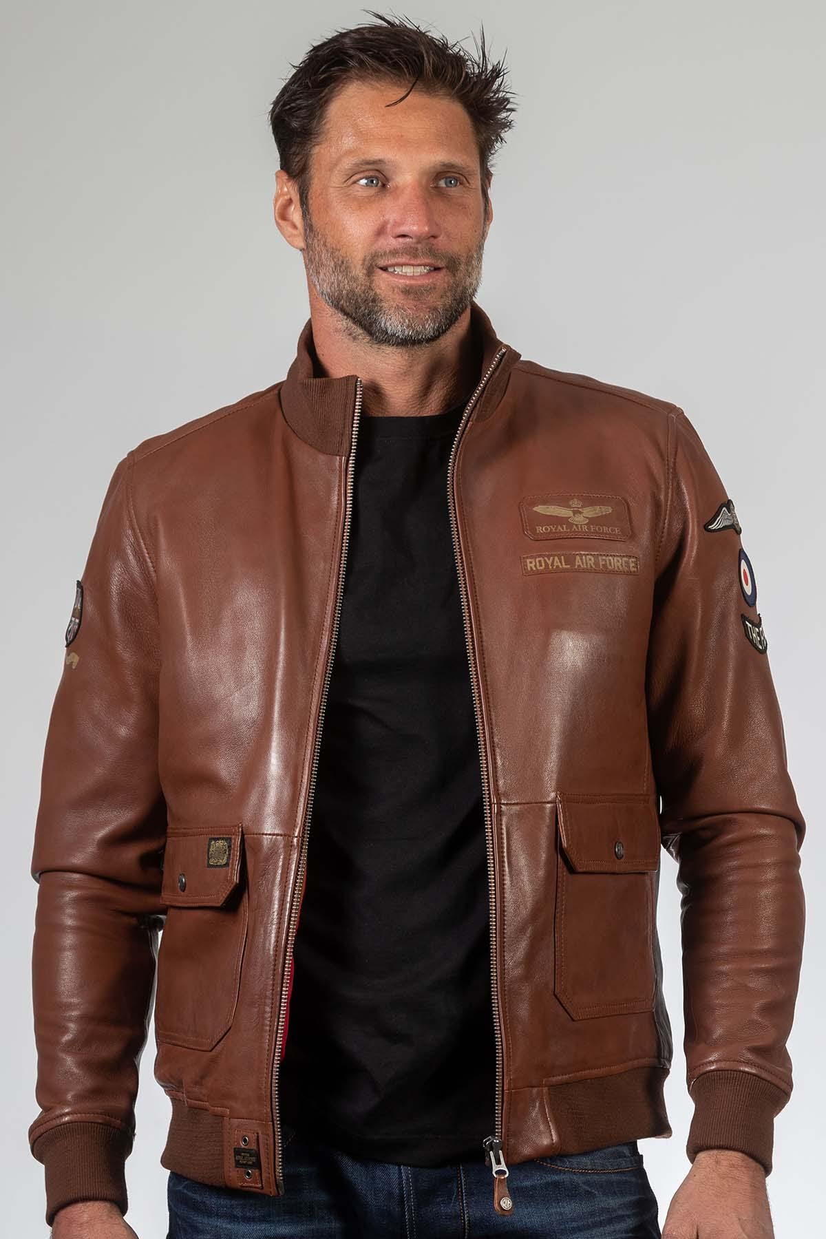 Tortoise brown round neck aviator style leather jacket - Image n°2