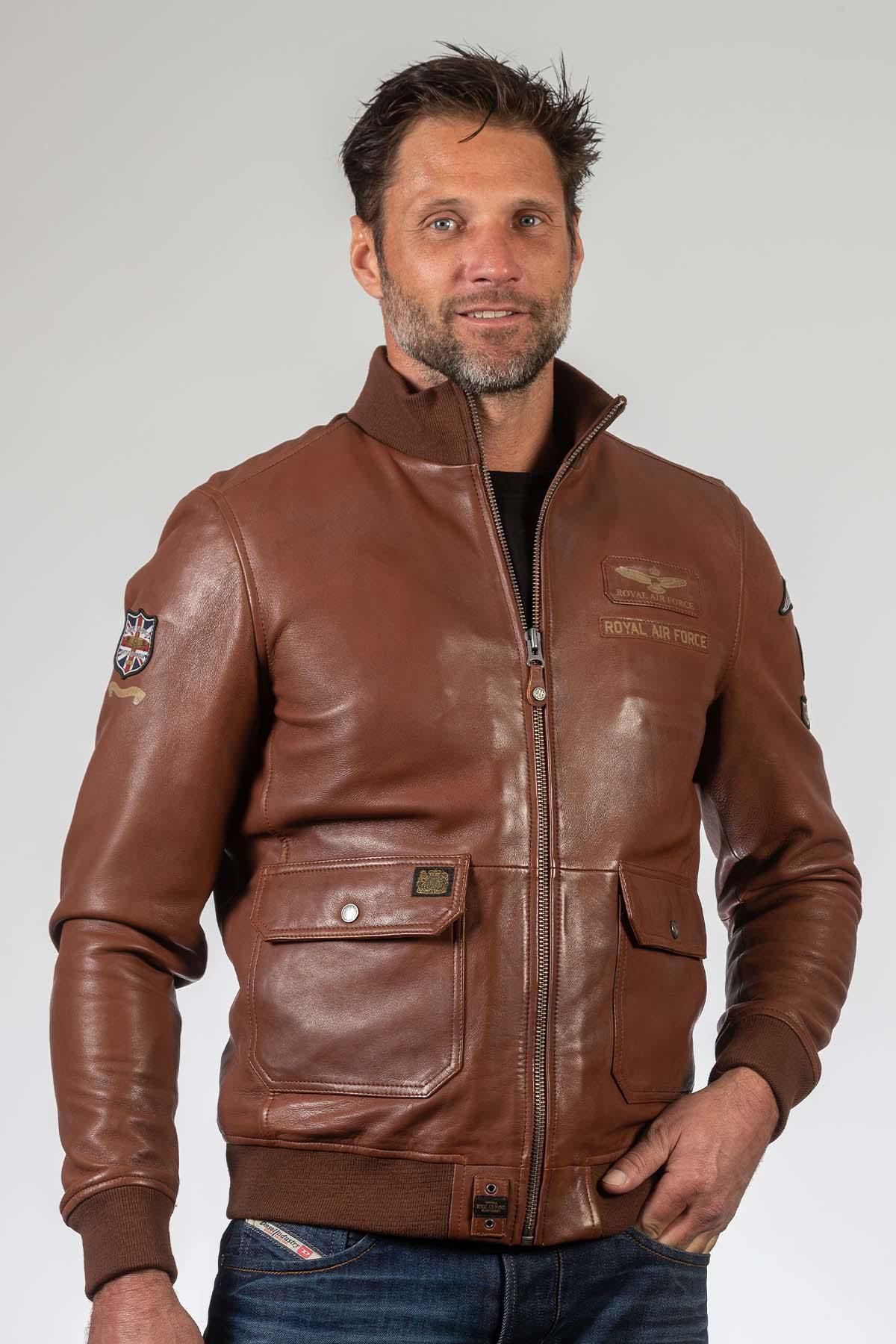 Tortoise brown round neck aviator style leather jacket - Image n°1