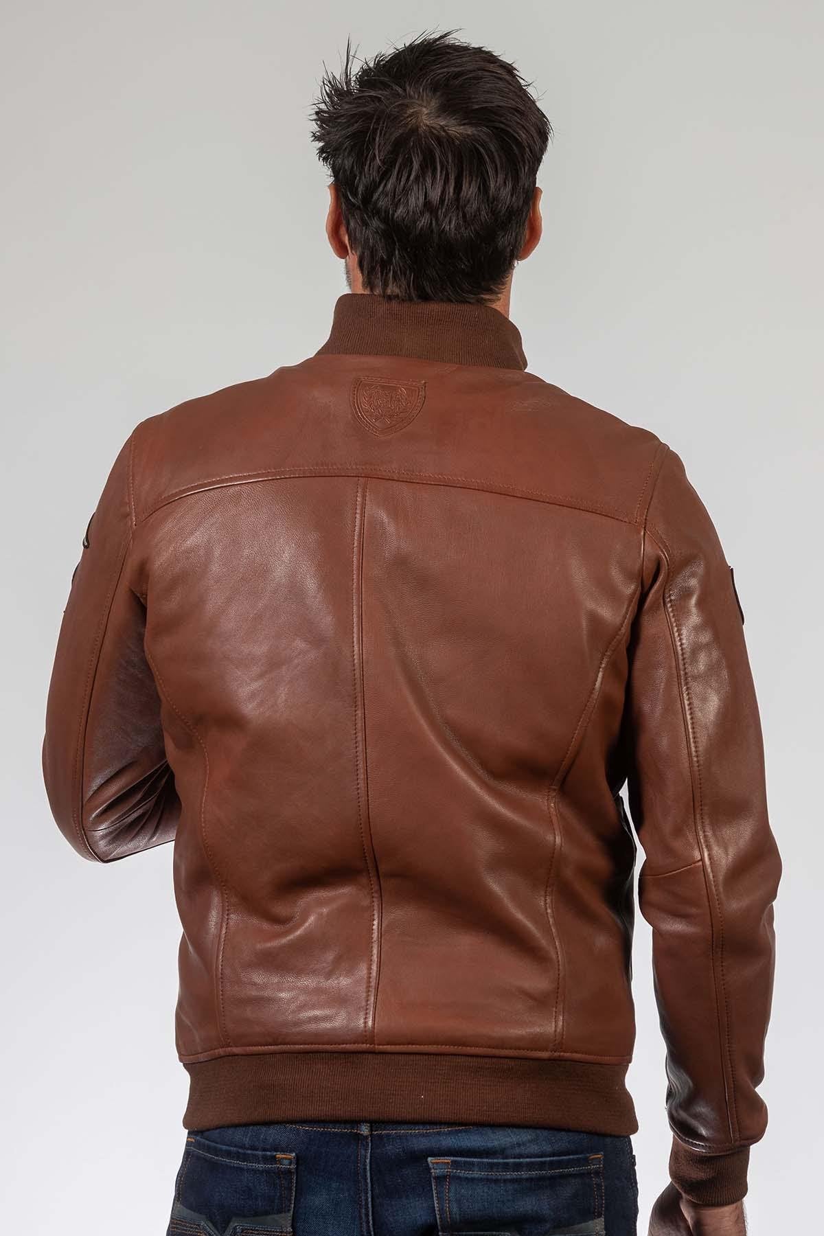 Tortoise brown round neck aviator style leather jacket - Image n°3