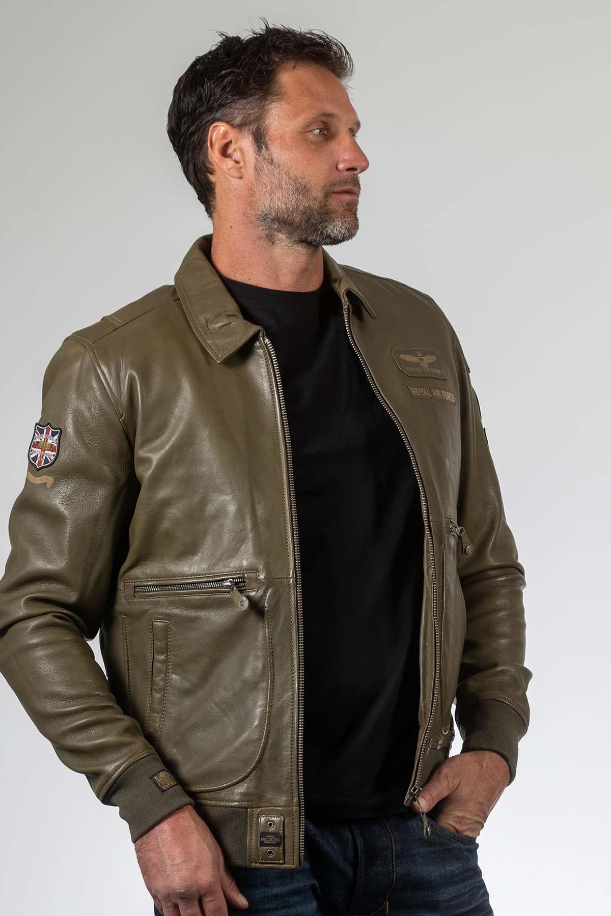 Dark khaki aviator style leather jacket with shirt collar - Image n°1