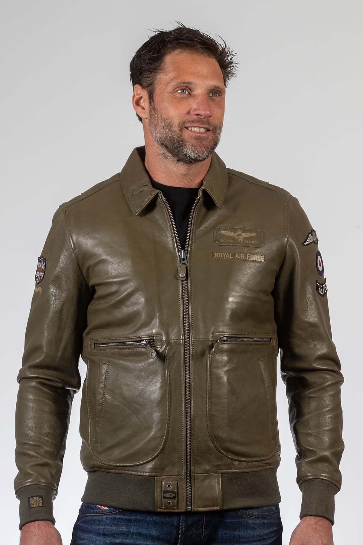 Dark khaki aviator style leather jacket with shirt collar - Image n°4