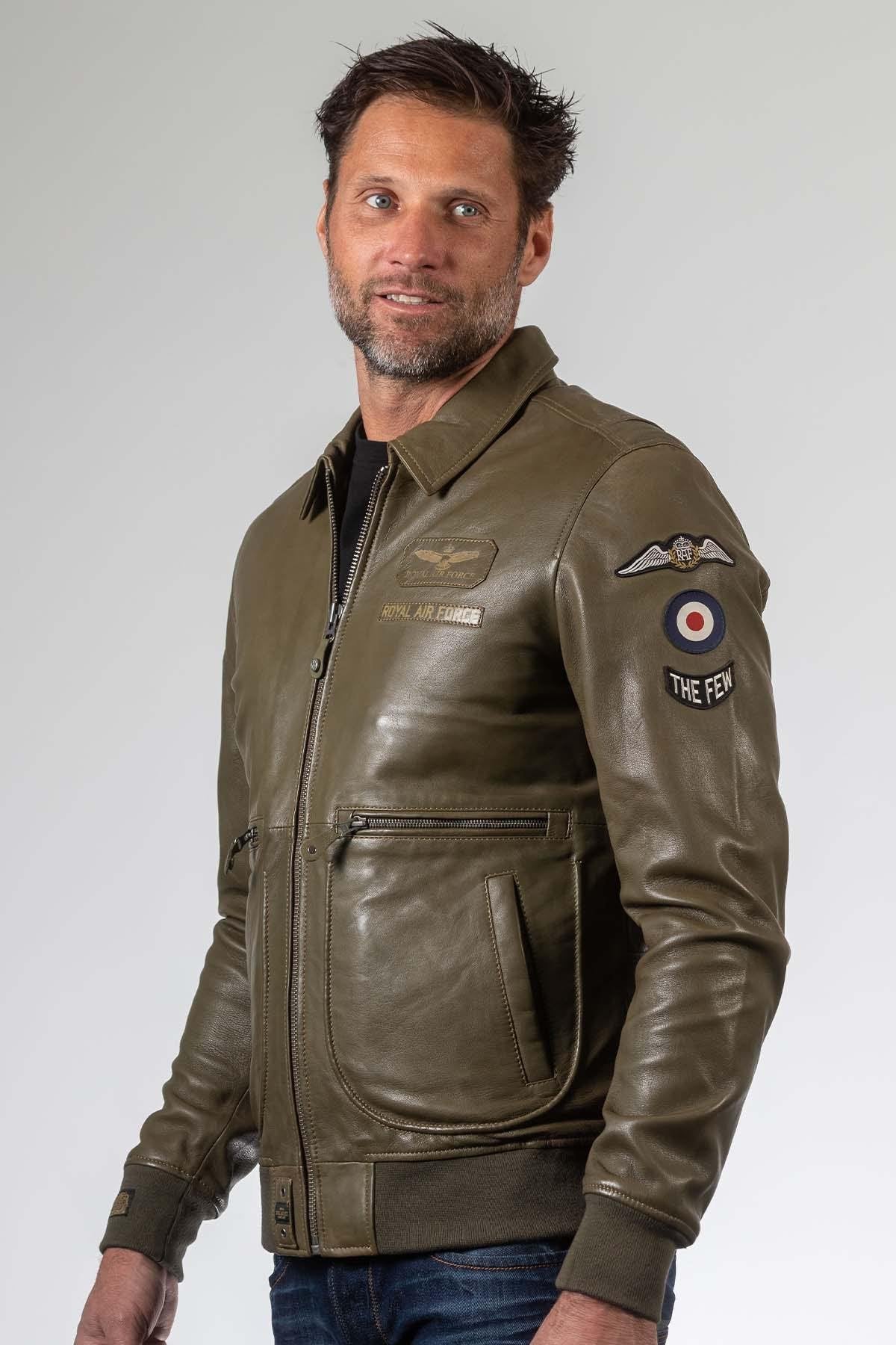 Dark khaki aviator style leather jacket with shirt collar - Image n°3