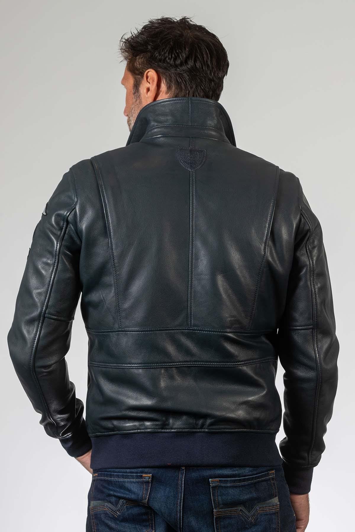 Navy blue aviator style leather jacket with shirt collar - Image n°2